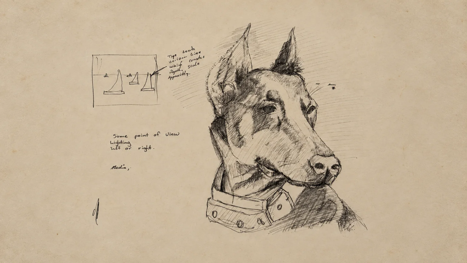 Doberman pencil study with handwritten composition notes on aged paper