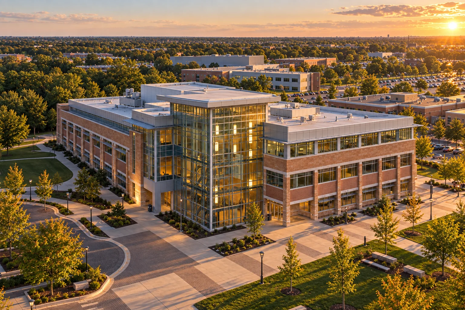 Golden-hour AI-assisted aerial visualization of Madison College's Gateway Building, with its glass atrium and brick wings at Truax Campus