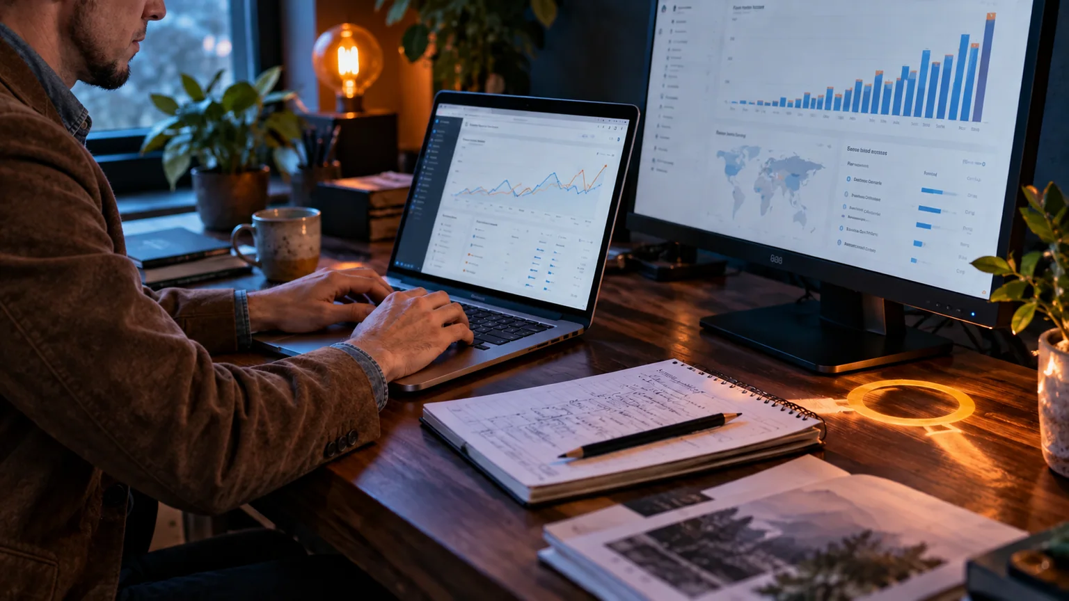 Shannan Rohde working on SEO research at a laptop beside an analytics monitor in blue and amber light