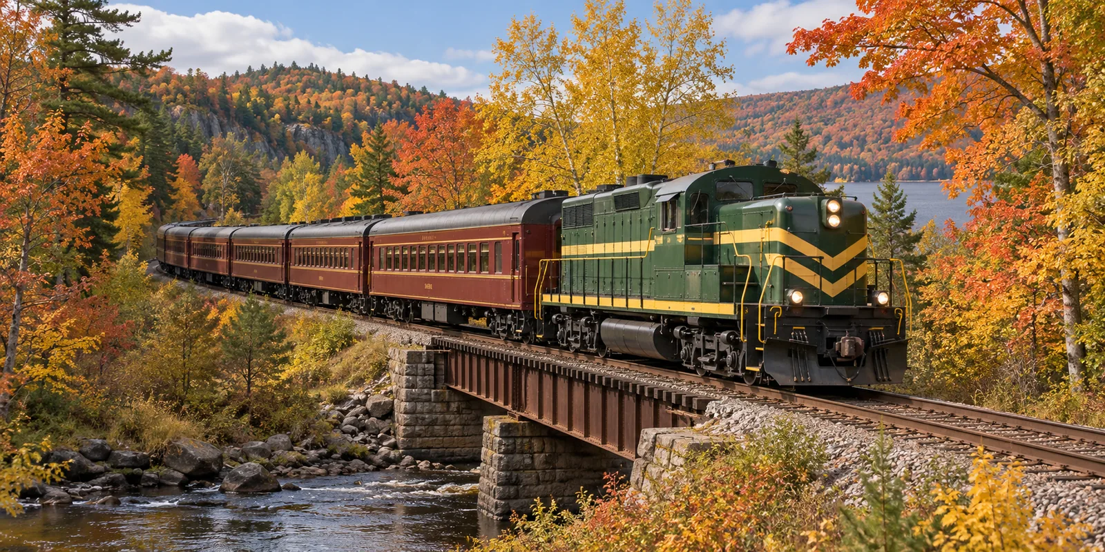 Editorial illustration of vintage train passing through golden fall woods; not a photograph of this event