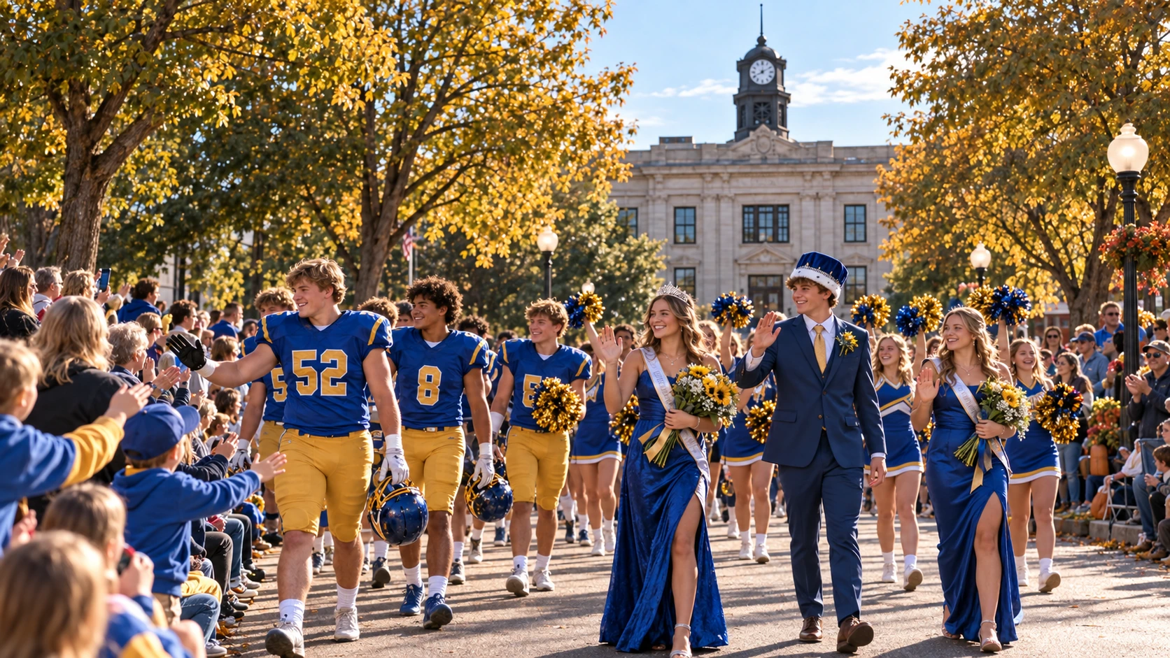 Baraboo student athletes, cheerleaders, and homecoming court walking in a blue-and-gold parade