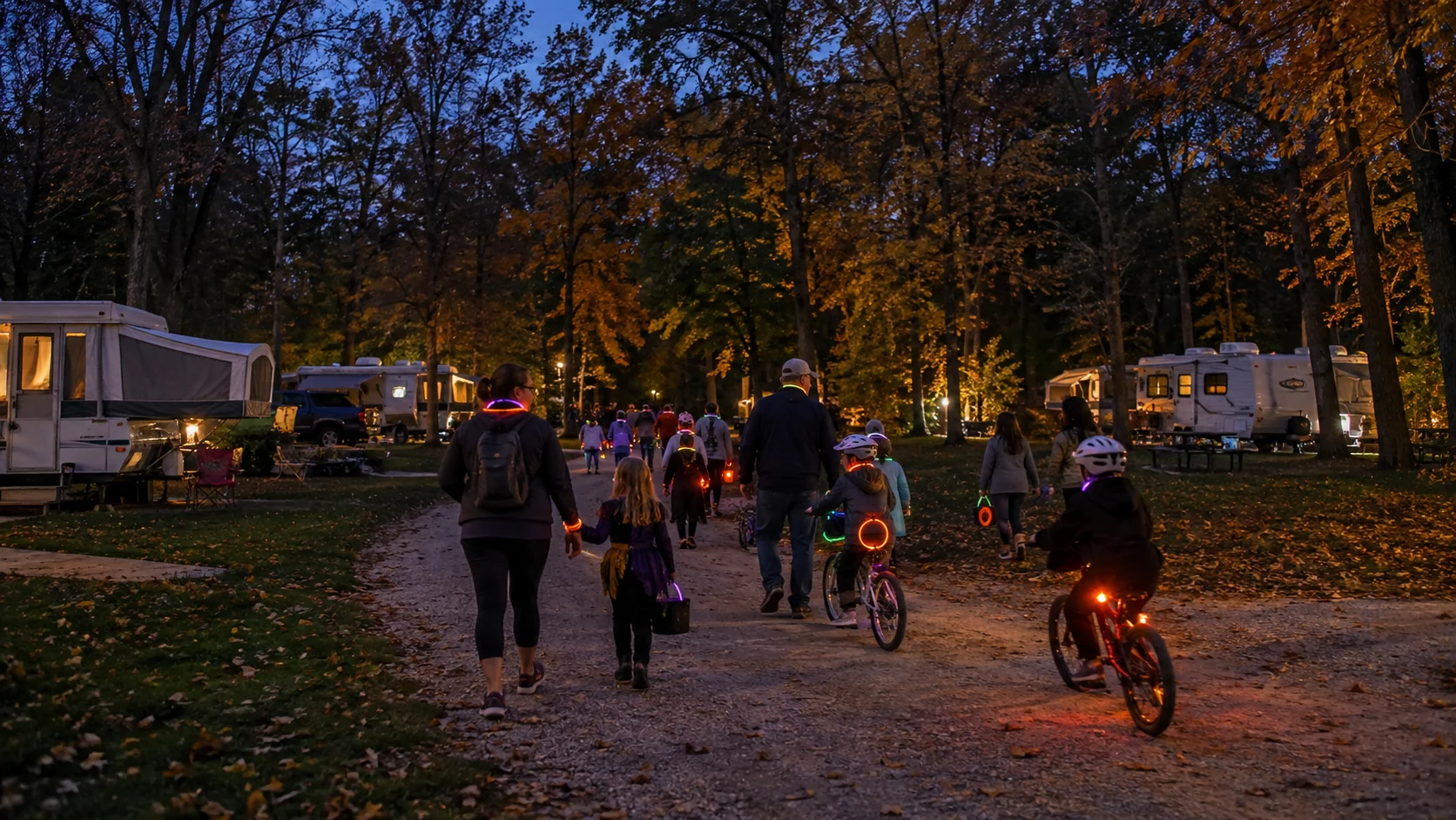 Illustrative twilight glow parade with bicycles along a wooded campground road