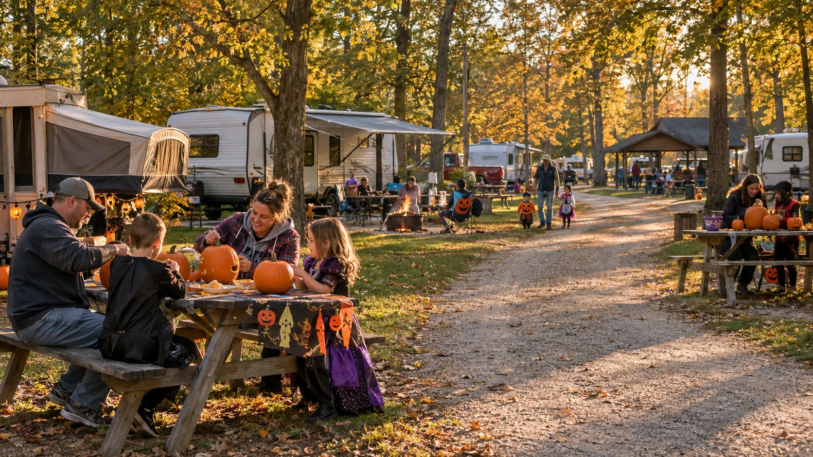 Illustrative guests carving pumpkins beside RV sites on a wooded campground lane