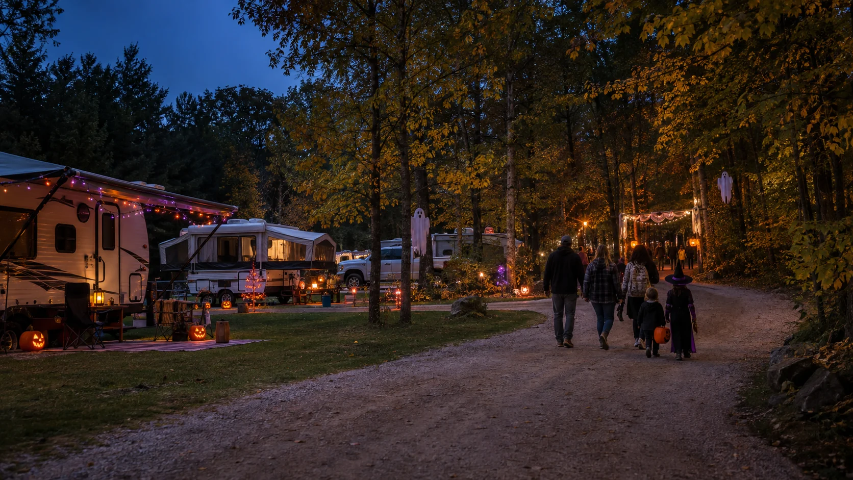 Illustrative twilight view of decorated RV sites and guests approaching a wooded Halloween trail
