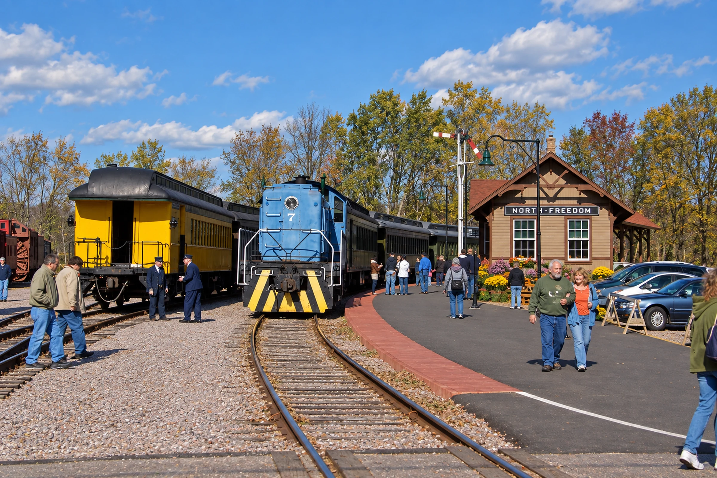 Late-season flower display beside historic trains in North Freedom