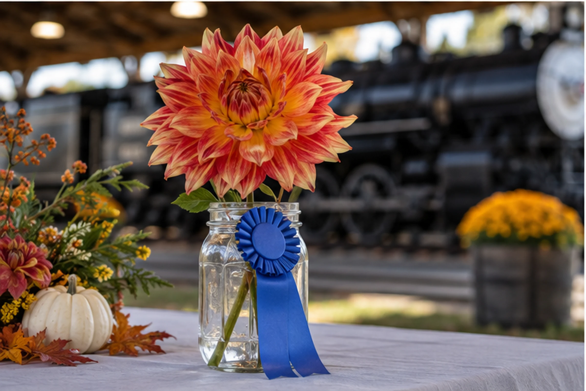 A prize-winning autumn flower in a canning jar