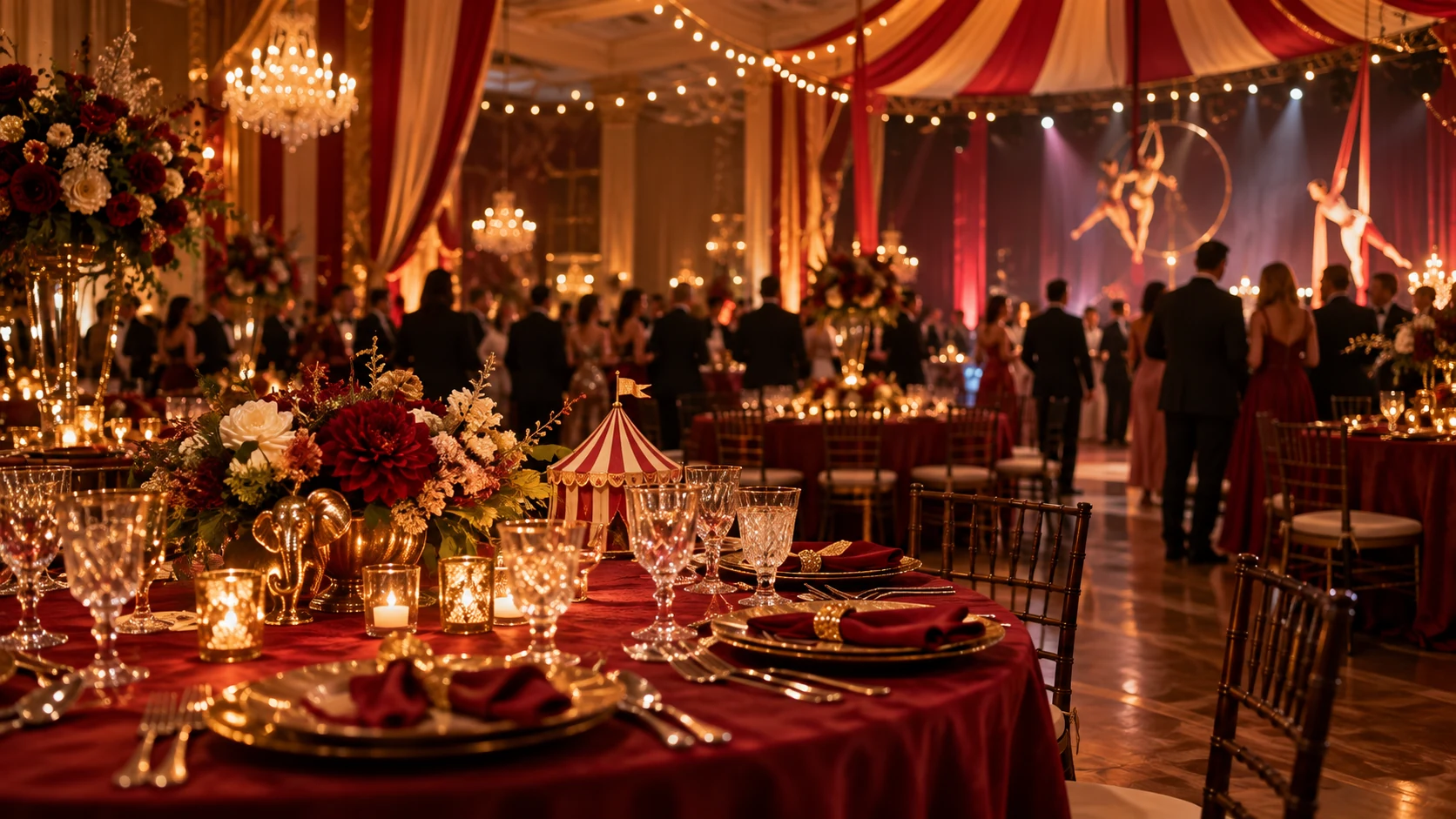 Illustrative circus-themed charity gala ballroom with warm amber lighting