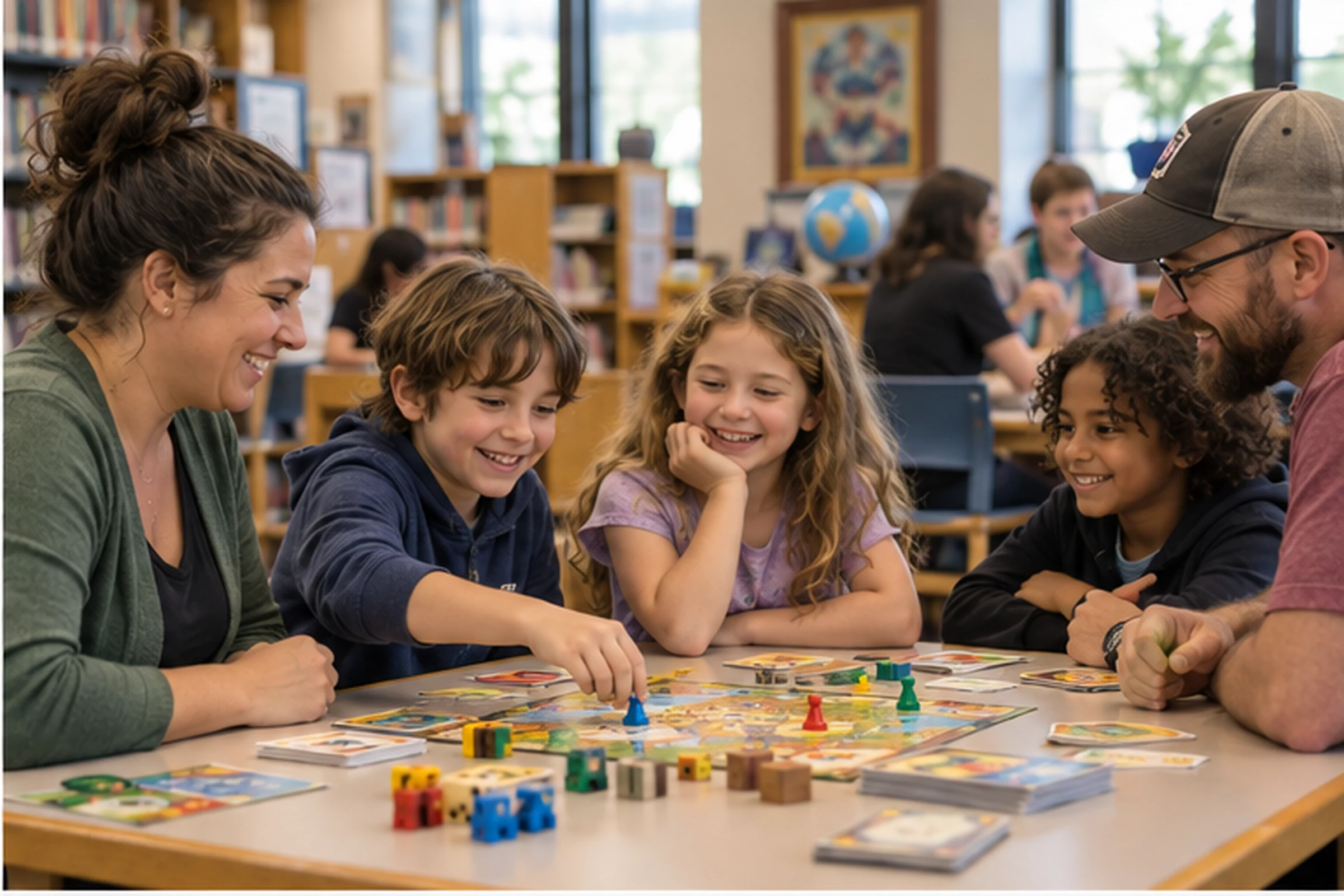 Families playing board games inside the Baraboo library
