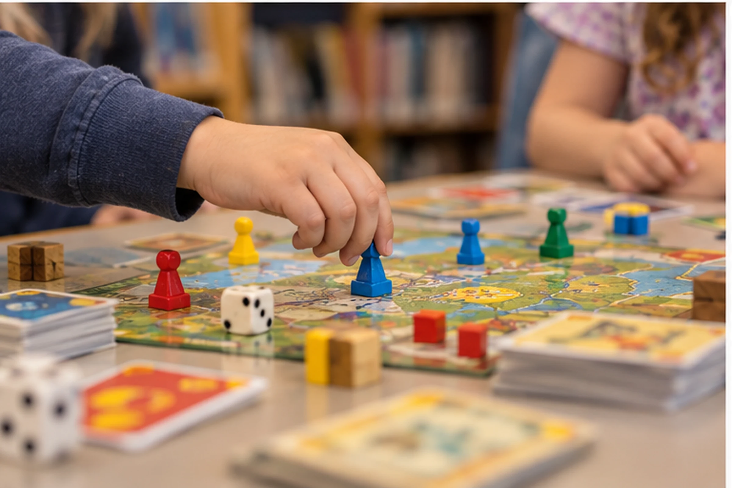 Children learning a colorful tabletop game together