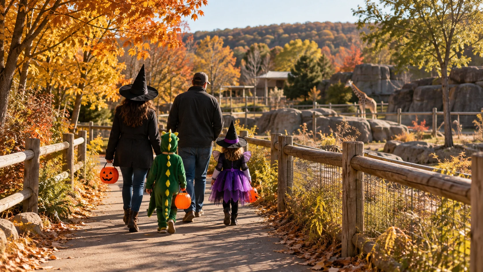 Illustrative family Halloween visit along an autumn zoo path