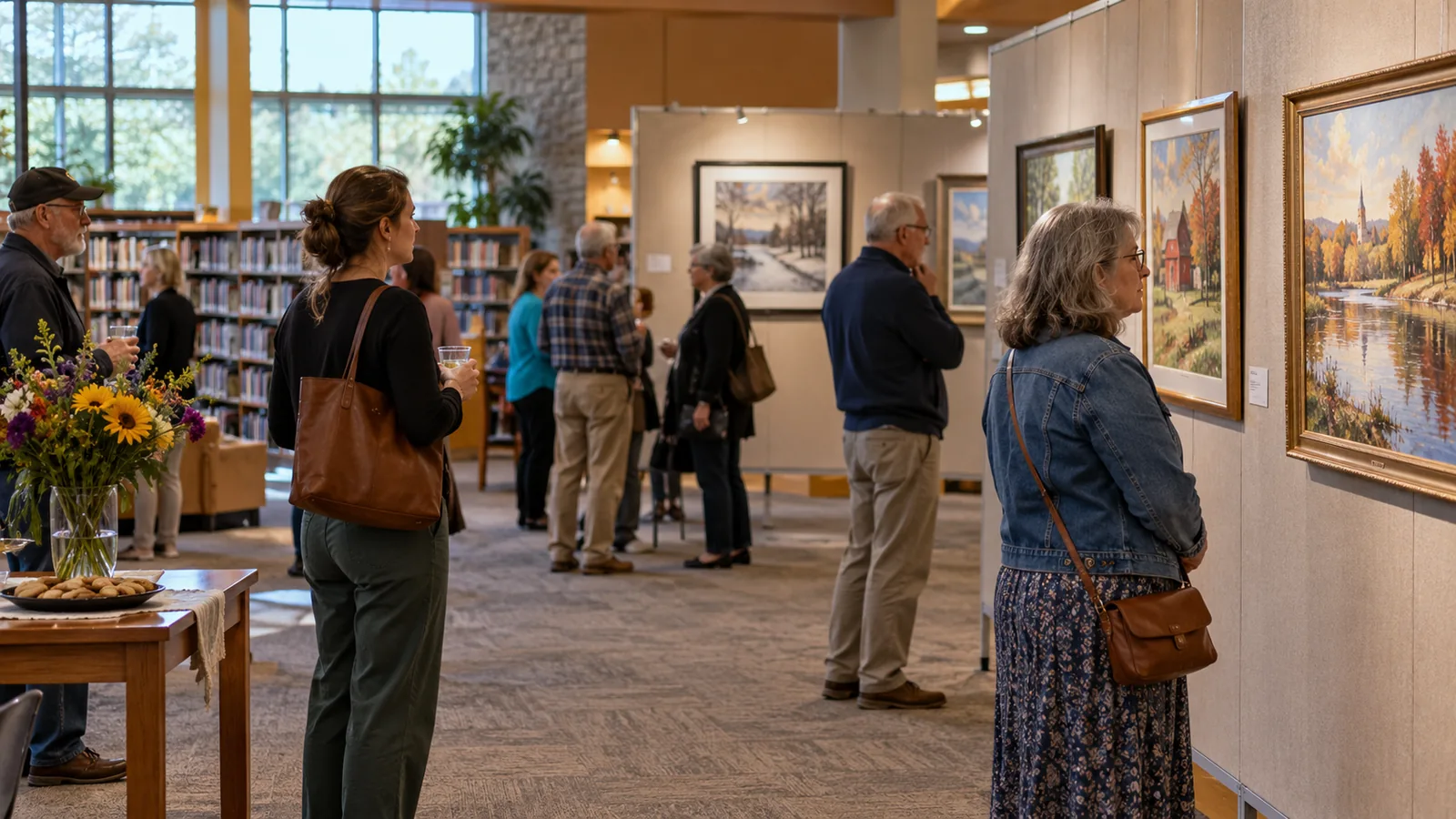 Editorial illustration of visitors viewing framed art inside a public library; not a photograph of this event