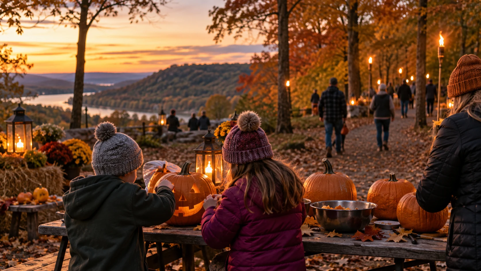 Illustrative pumpkin carving tables beside a softly lit autumn trail