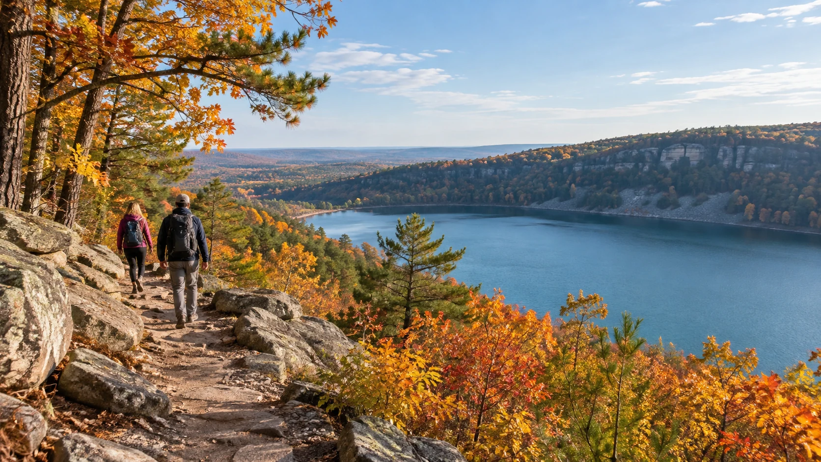 Illustrative autumn hikers following a rocky trail above a Wisconsin lake