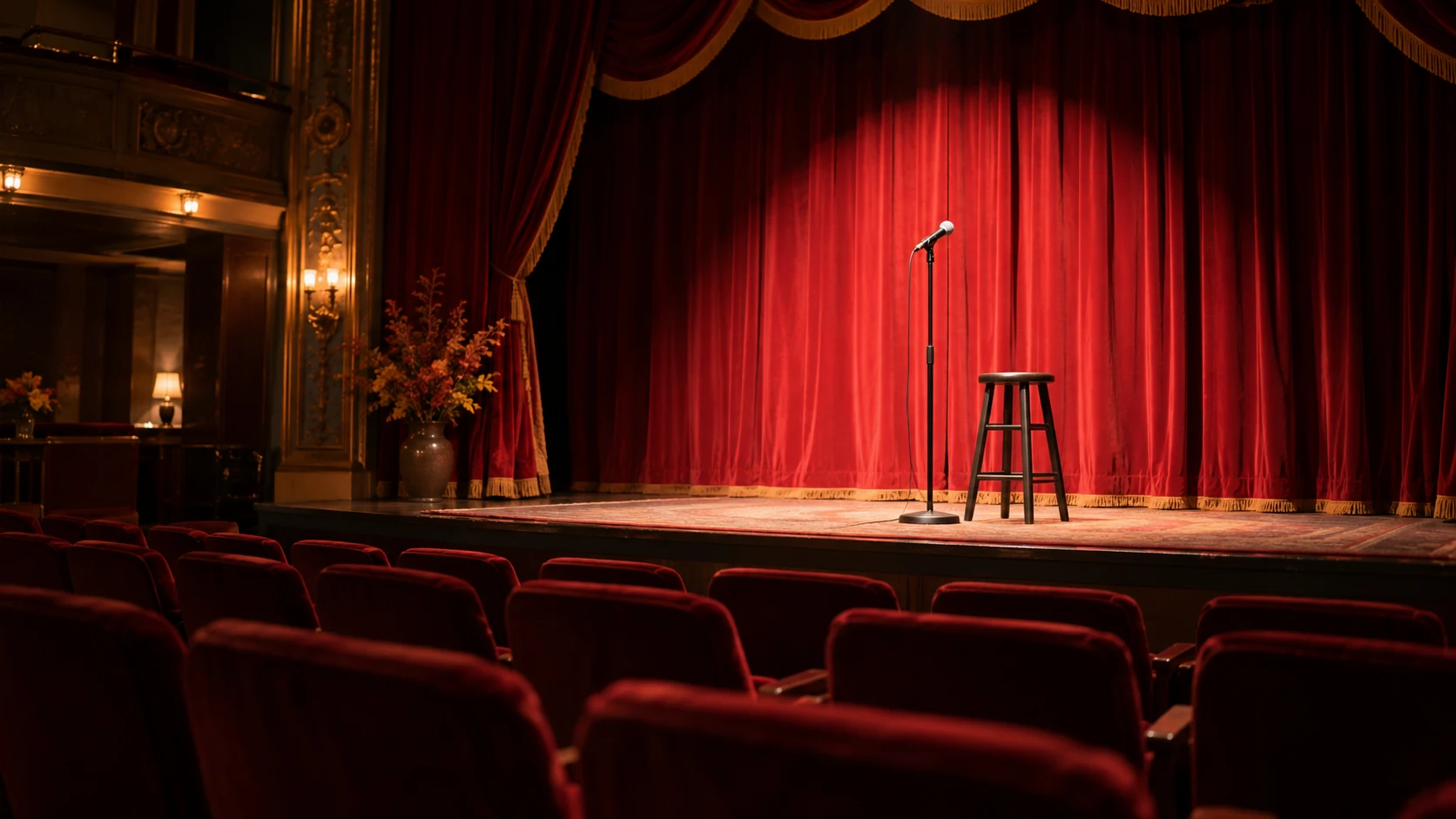Illustrative historic theatre stage lit for an evening comedy performance