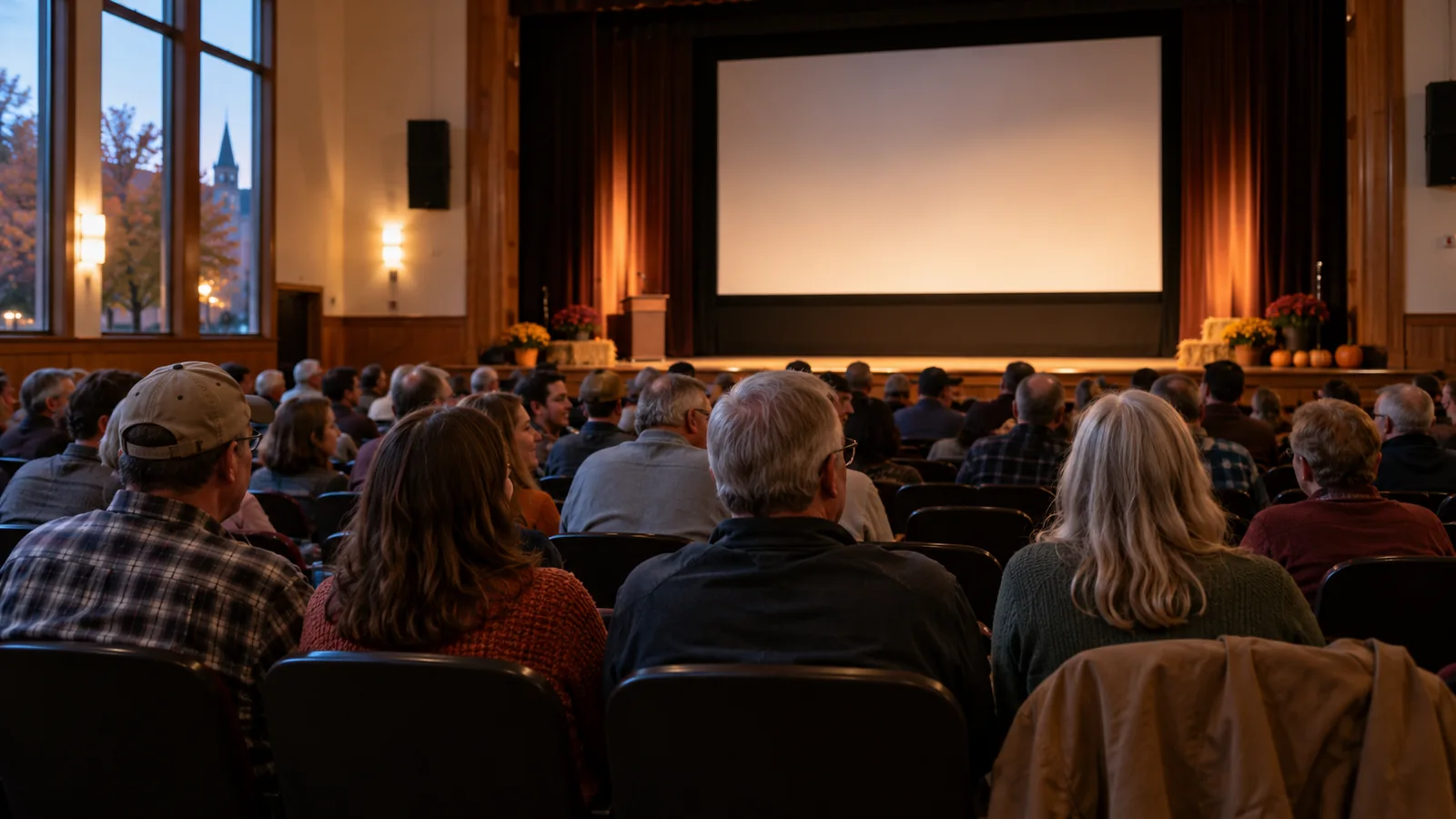 Editorial illustration of audience in a community auditorium waiting for a documentary premiere; not a photograph of this event