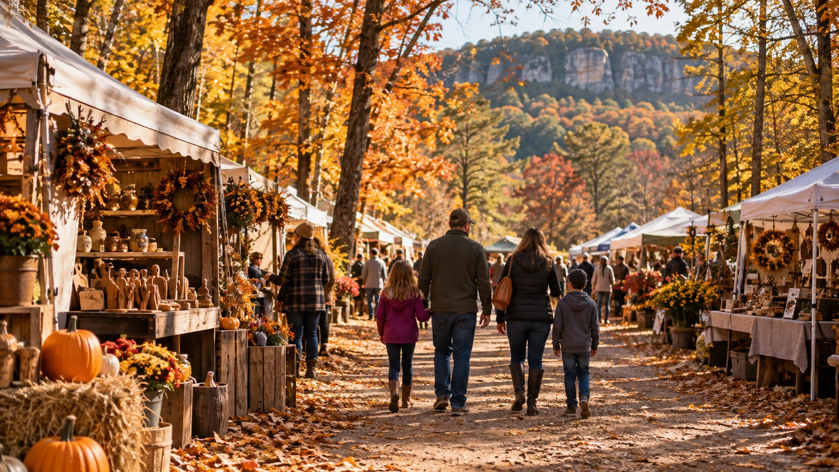 Illustrative autumn craft festival along a wooded Baraboo Hills lane