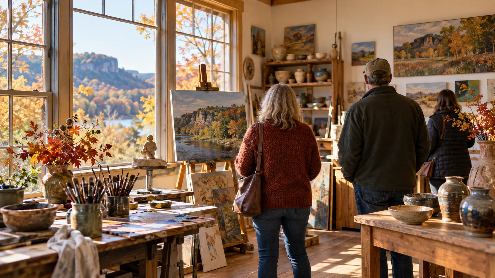 Illustrative working artist studio with pottery, brushes, and autumn light