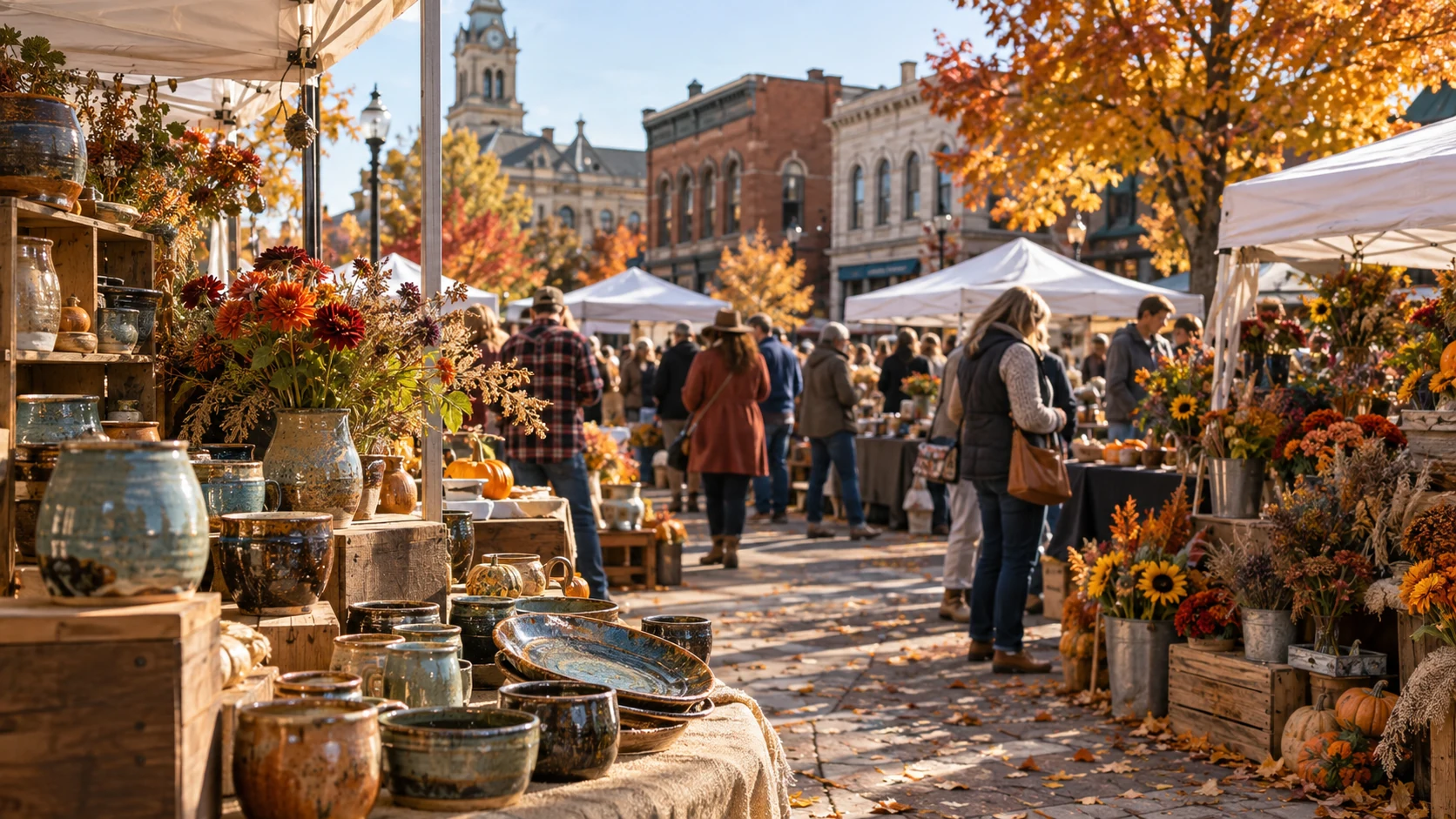 Illustrative fall arts fair with craft stalls in a historic Wisconsin downtown
