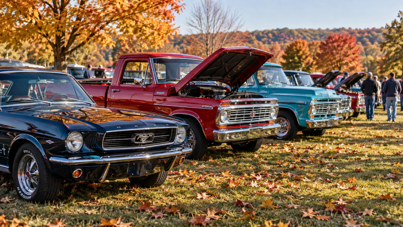 Illustrative row of classic American cars and trucks at a Wisconsin fall car show