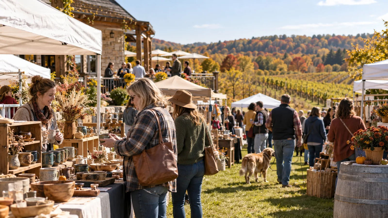 Editorial illustration of outdoor autumn market stalls near a wisconsin winery; not a photograph of this event