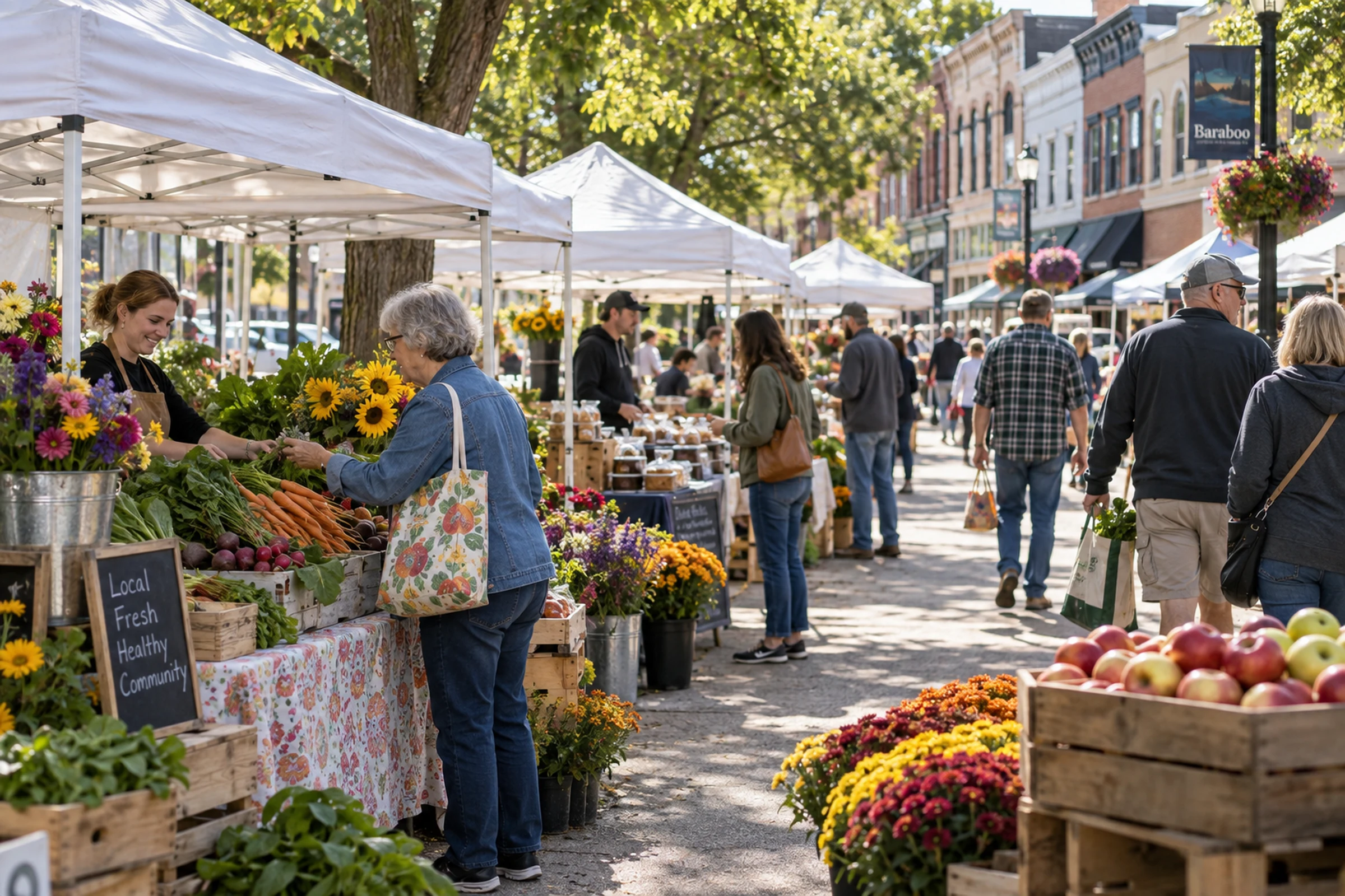 Saturday shoppers browsing produce and flowers at the Downtown Baraboo Farmers Market