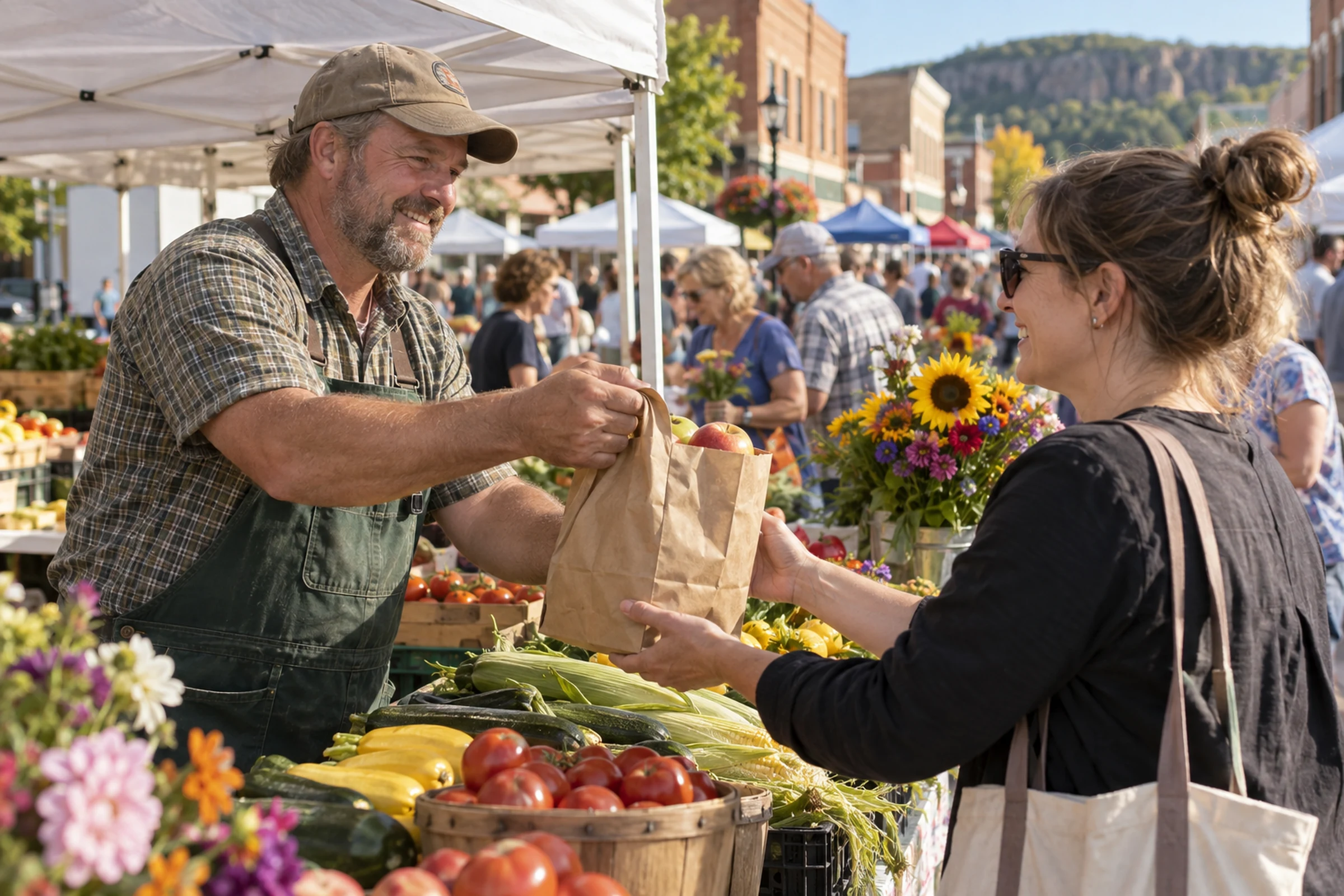 A Wisconsin grower handing a bag of apples to a market shopper