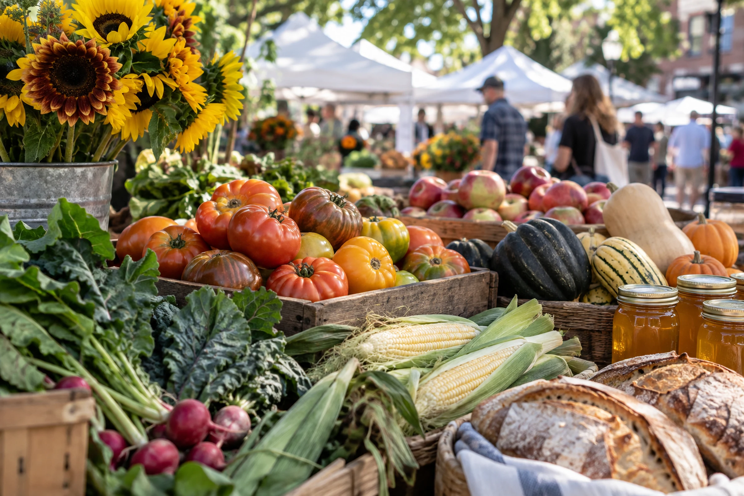 Late-summer produce bread flowers and honey arranged at a Baraboo market stall