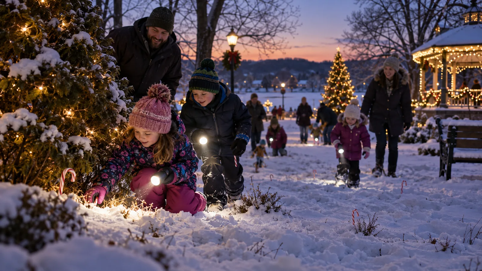 Editorial illustration of children using flashlights to find candy canes in a winter park; not a photograph of this event