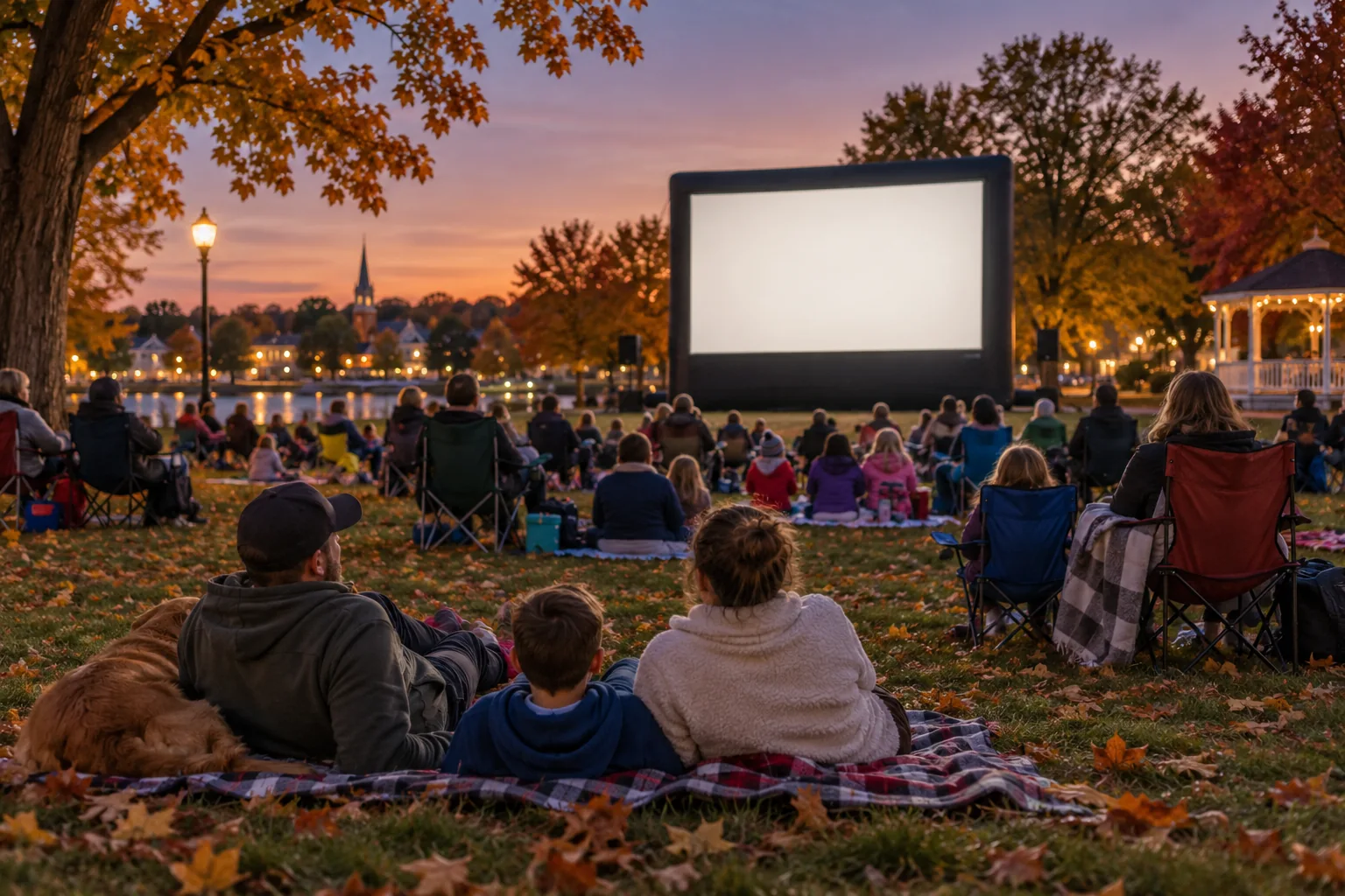 Editorial illustration of families watching an outdoor movie at dusk in a park; not a photograph of this event