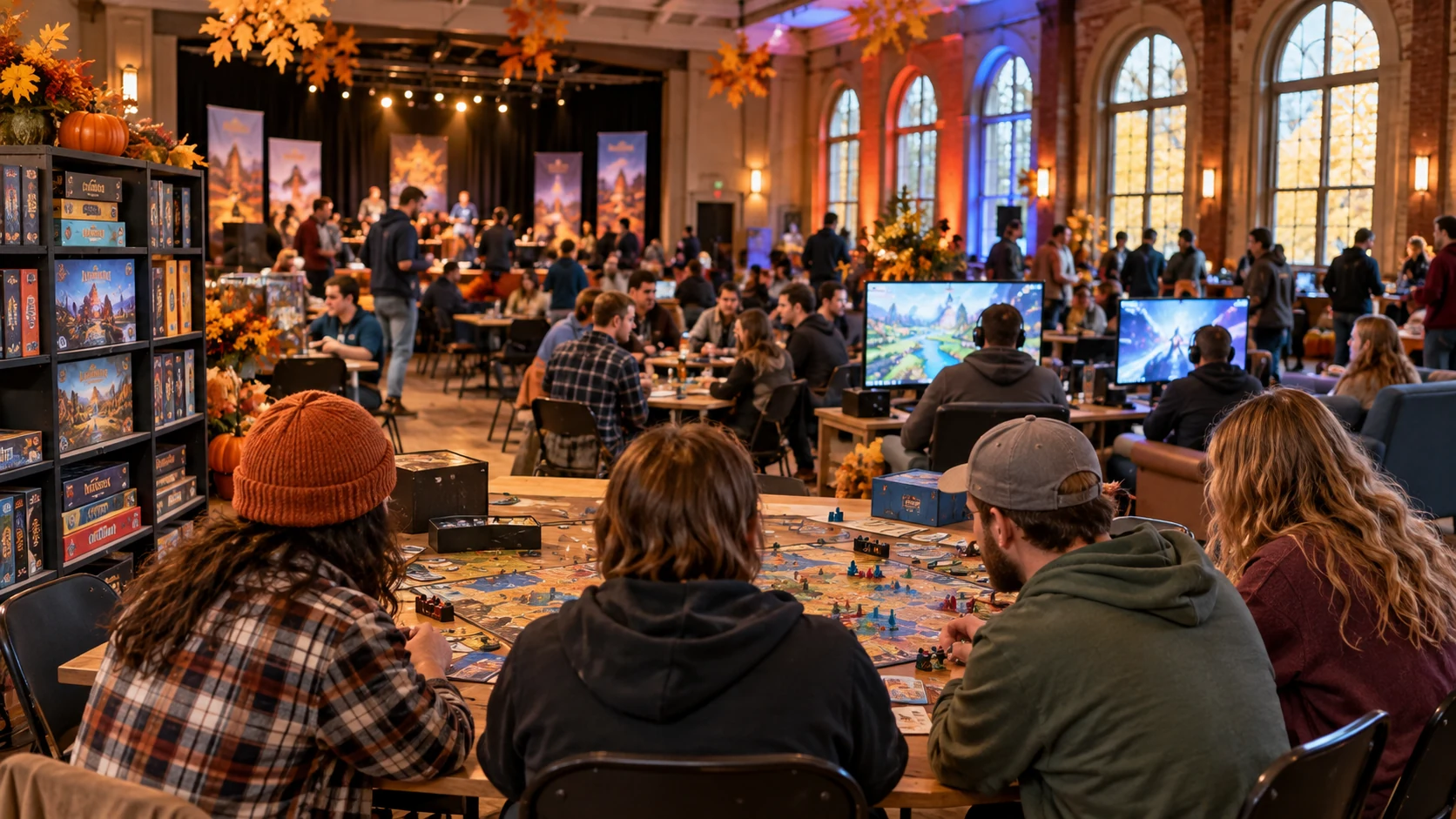 Illustrative gaming expo with groups gathered around tabletop games