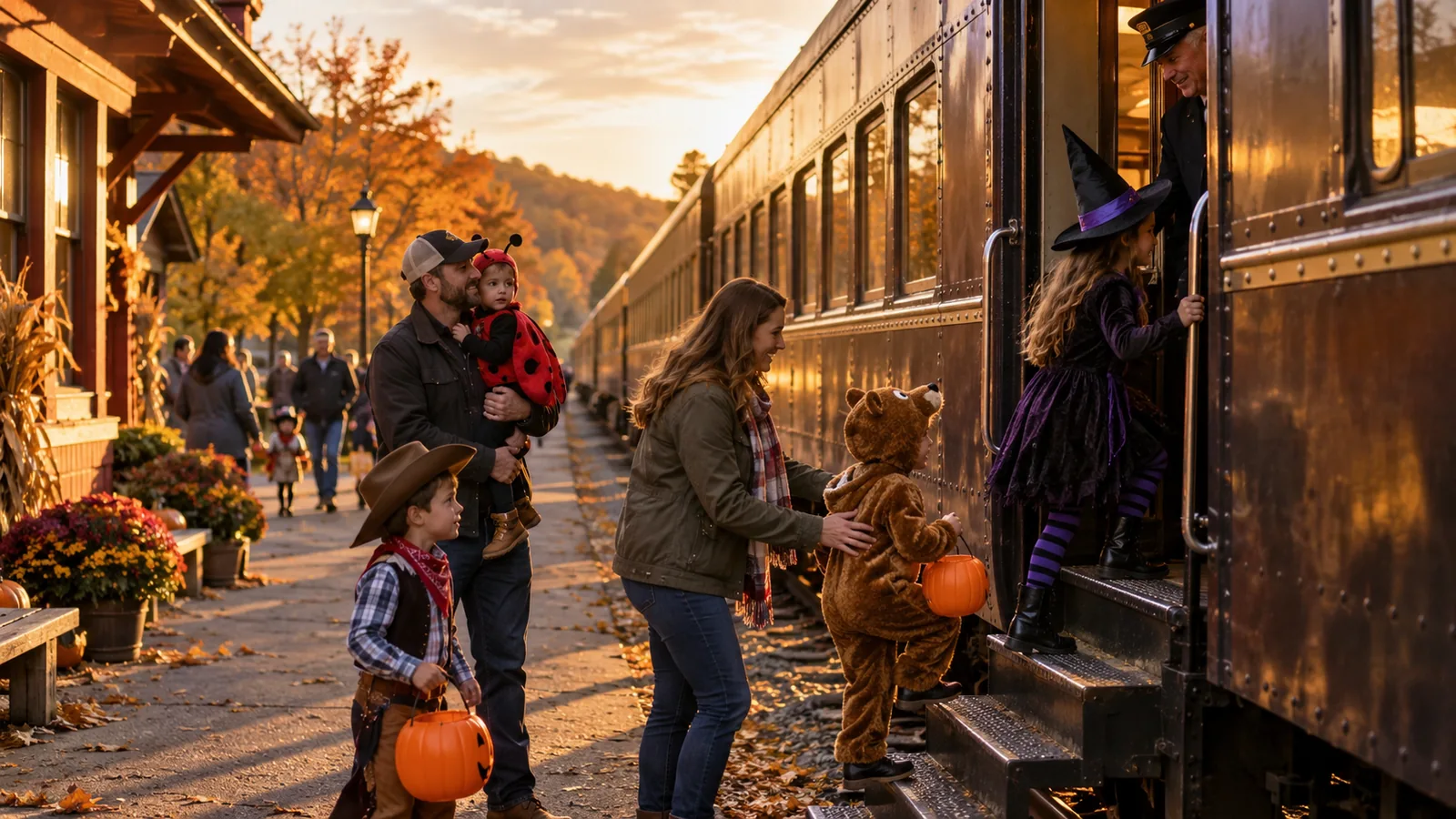 Editorial illustration of costumed families boarding a vintage train at golden hour; not a photograph of this event