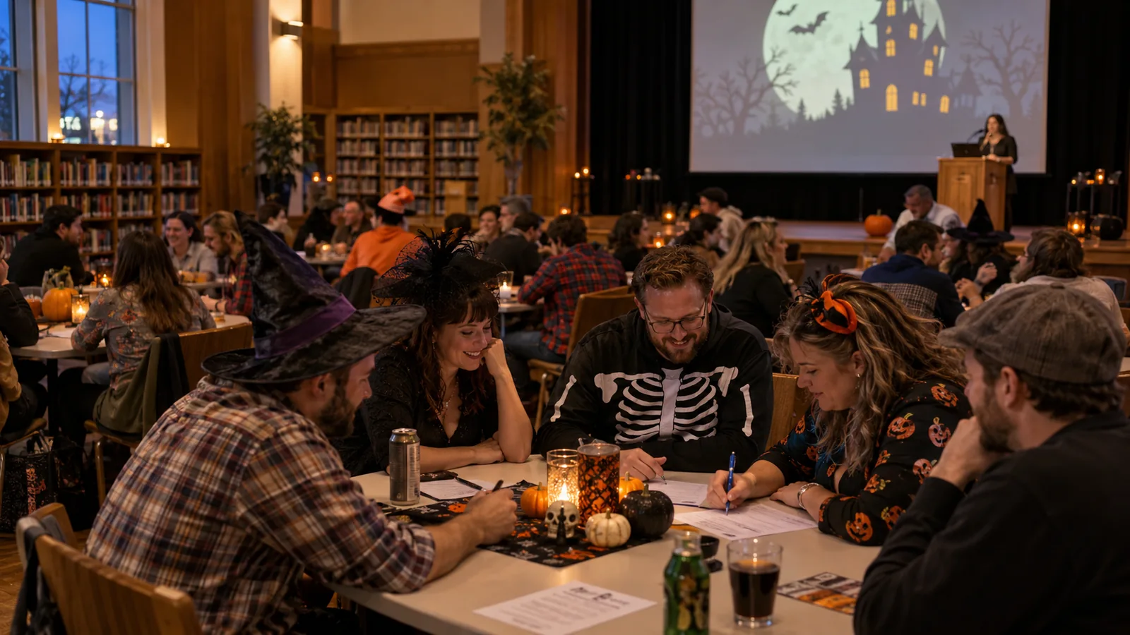 Editorial illustration of adults at tables playing halloween trivia in a library auditorium; not a photograph of this event
