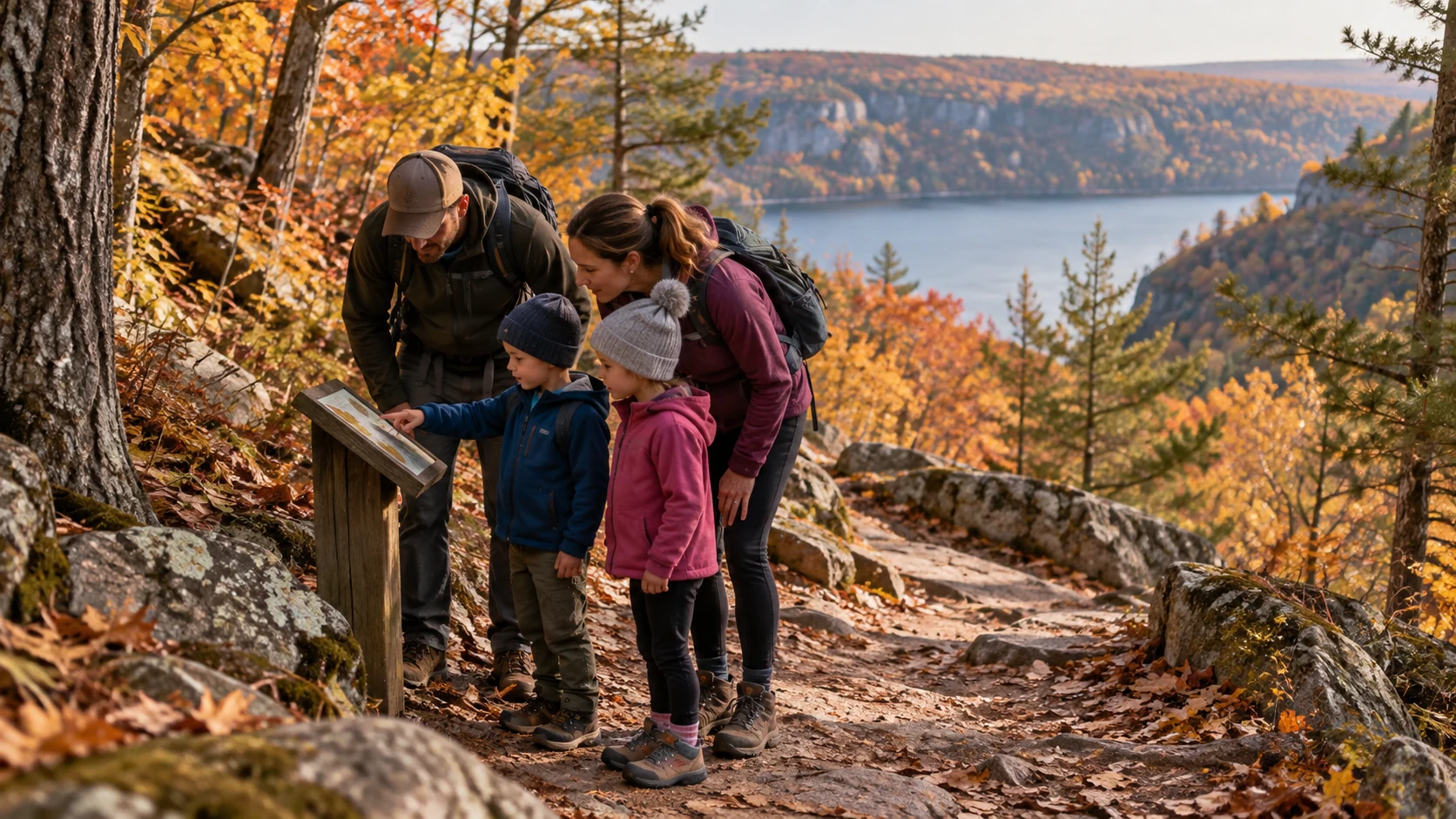 Illustrative family following nature-question stations along an autumn trail