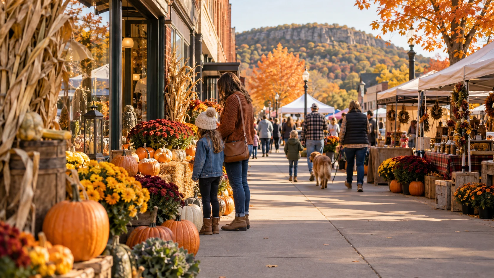Illustrative downtown autumn market with pumpkins and floral displays