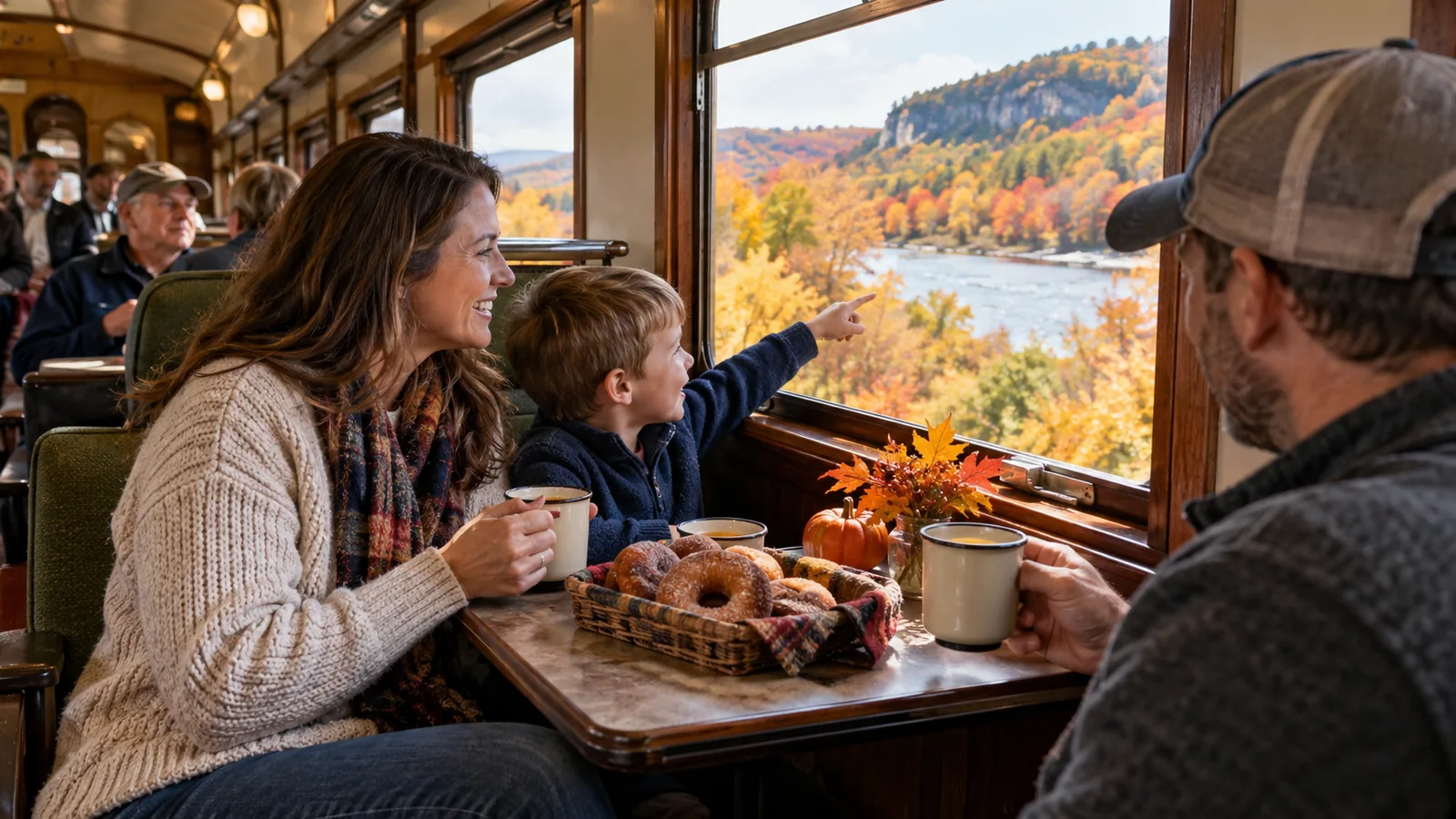 Editorial illustration of apple cider beside a window on a vintage train in autumn; not a photograph of this event