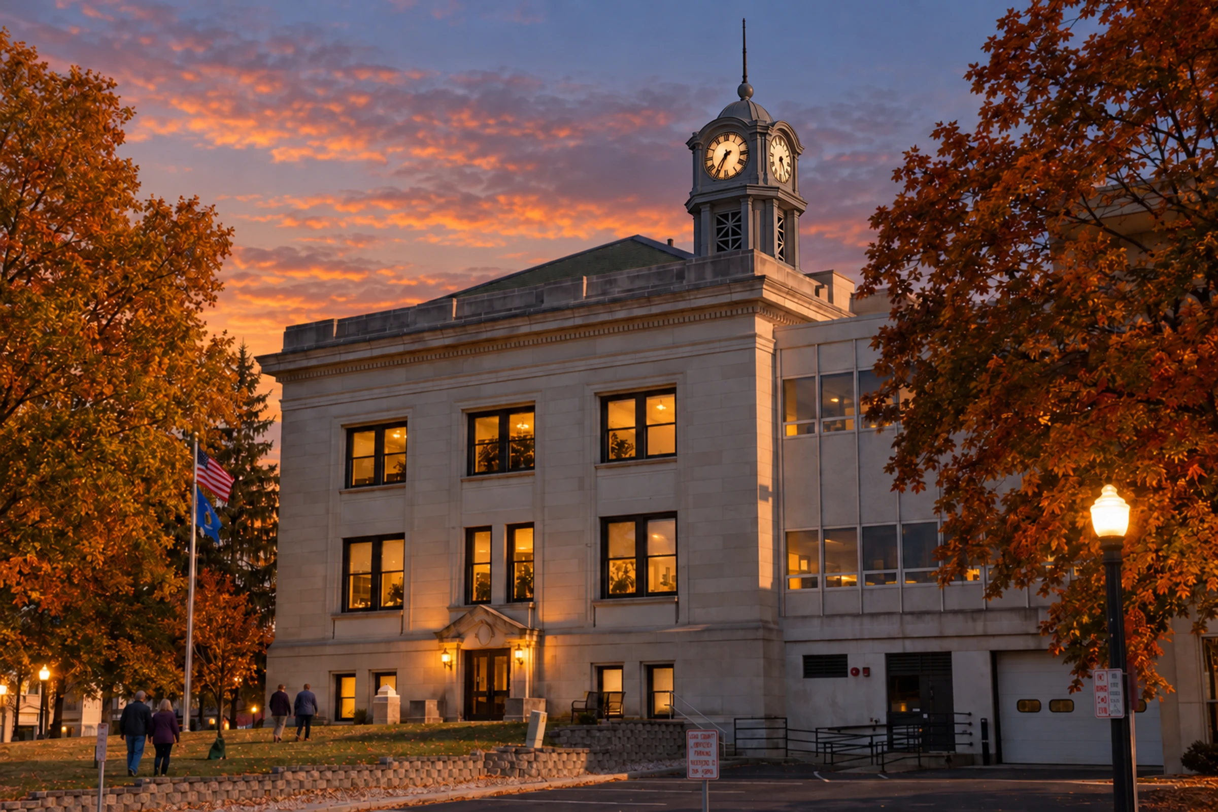 Historic downtown Baraboo during an atmospheric autumn evening