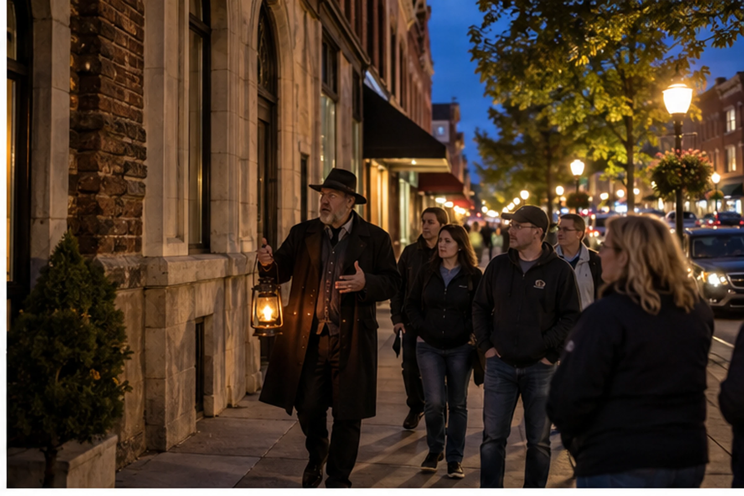 A lantern guide leading a small walking tour in Baraboo