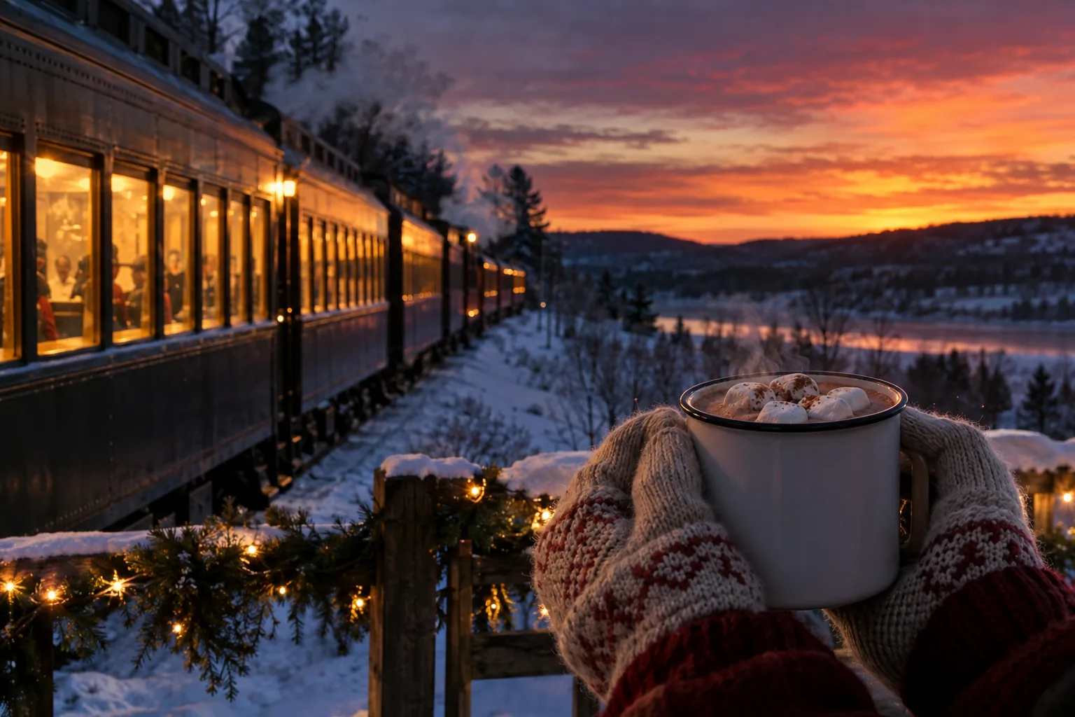 Illustrative scene for Holiday Flyer Evening Trains in the Baraboo area; not a photograph of this event