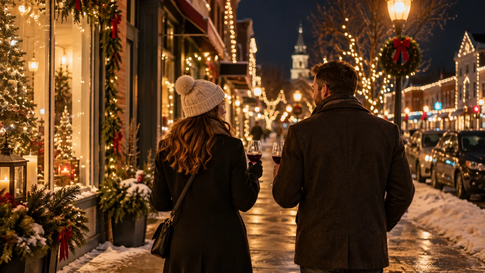 Illustrative scene for Holiday Wine Walk: Santa’s Night Out in the Baraboo area; not a photograph of this event