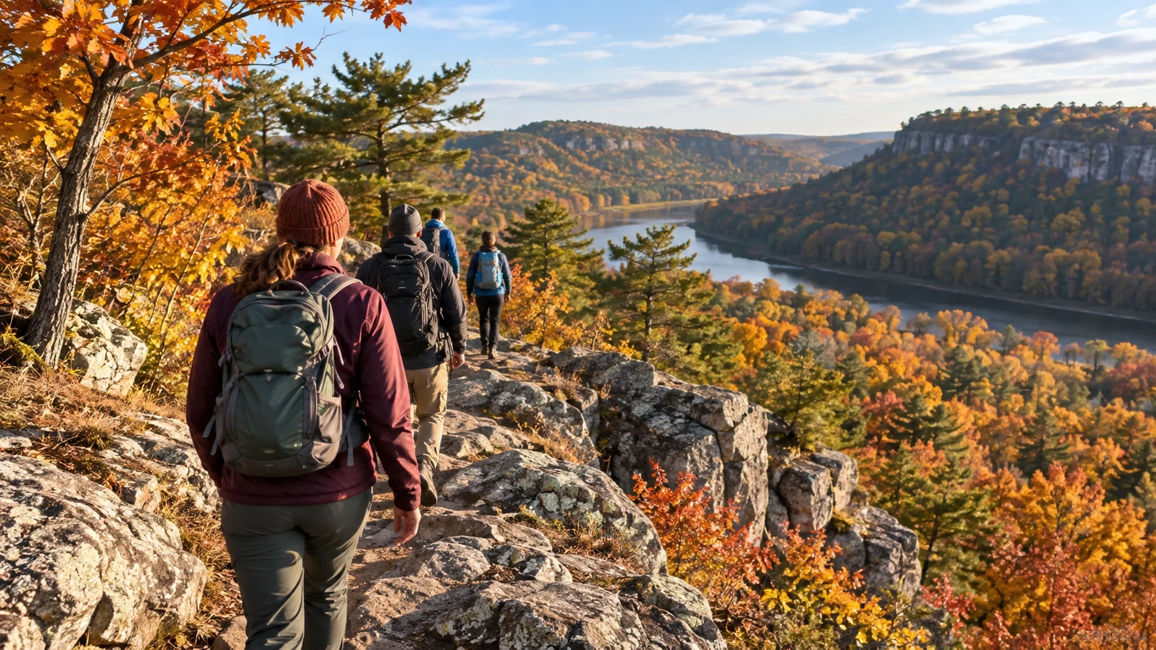 Illustrative hikers crossing a rocky trail in autumn woods