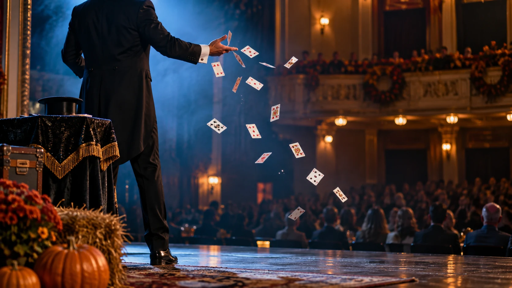 Illustrative stage magician silhouette under blue and amber theatre lights