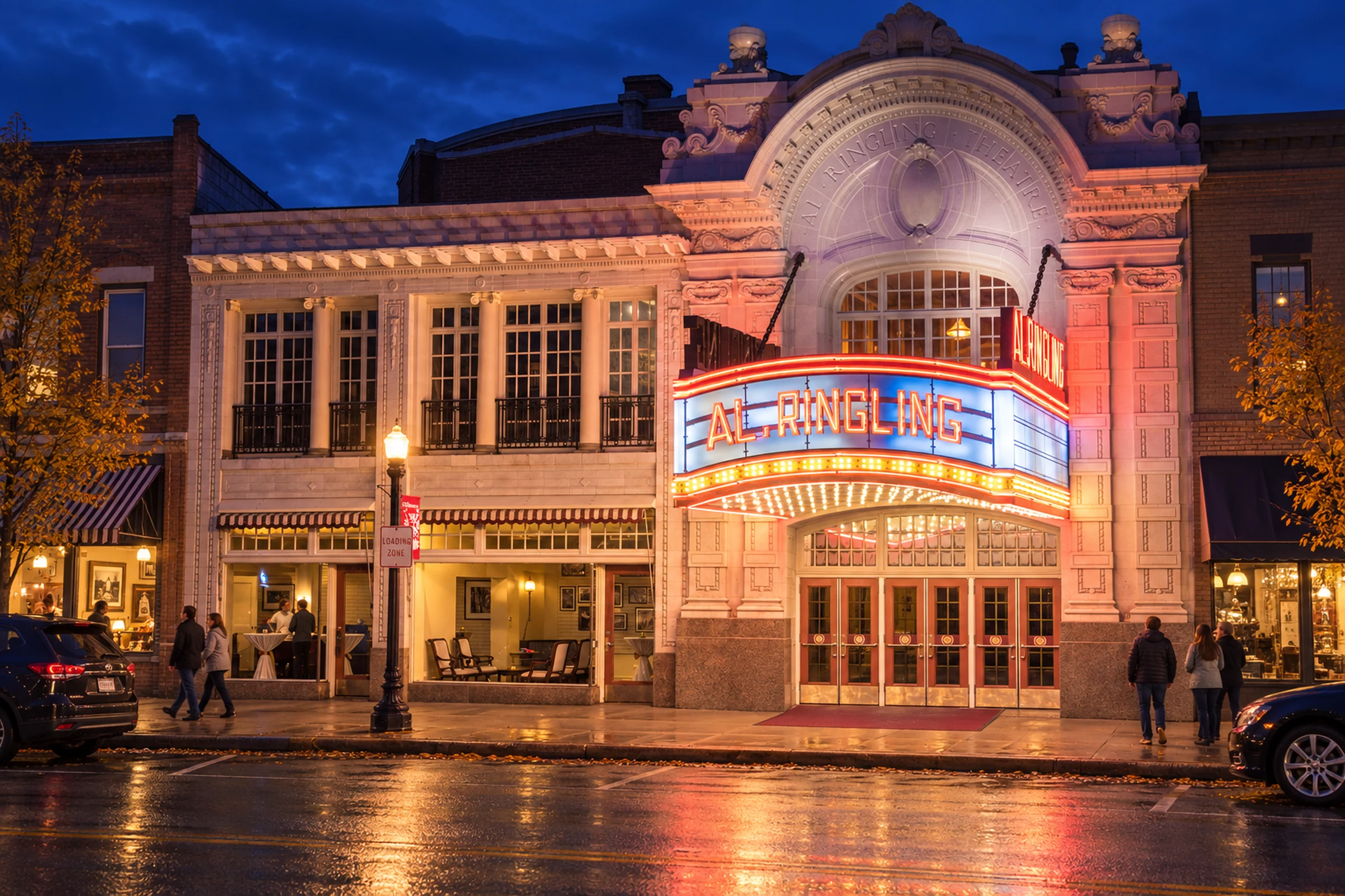 Al. Ringling Theatre marquee glowing in downtown Baraboo