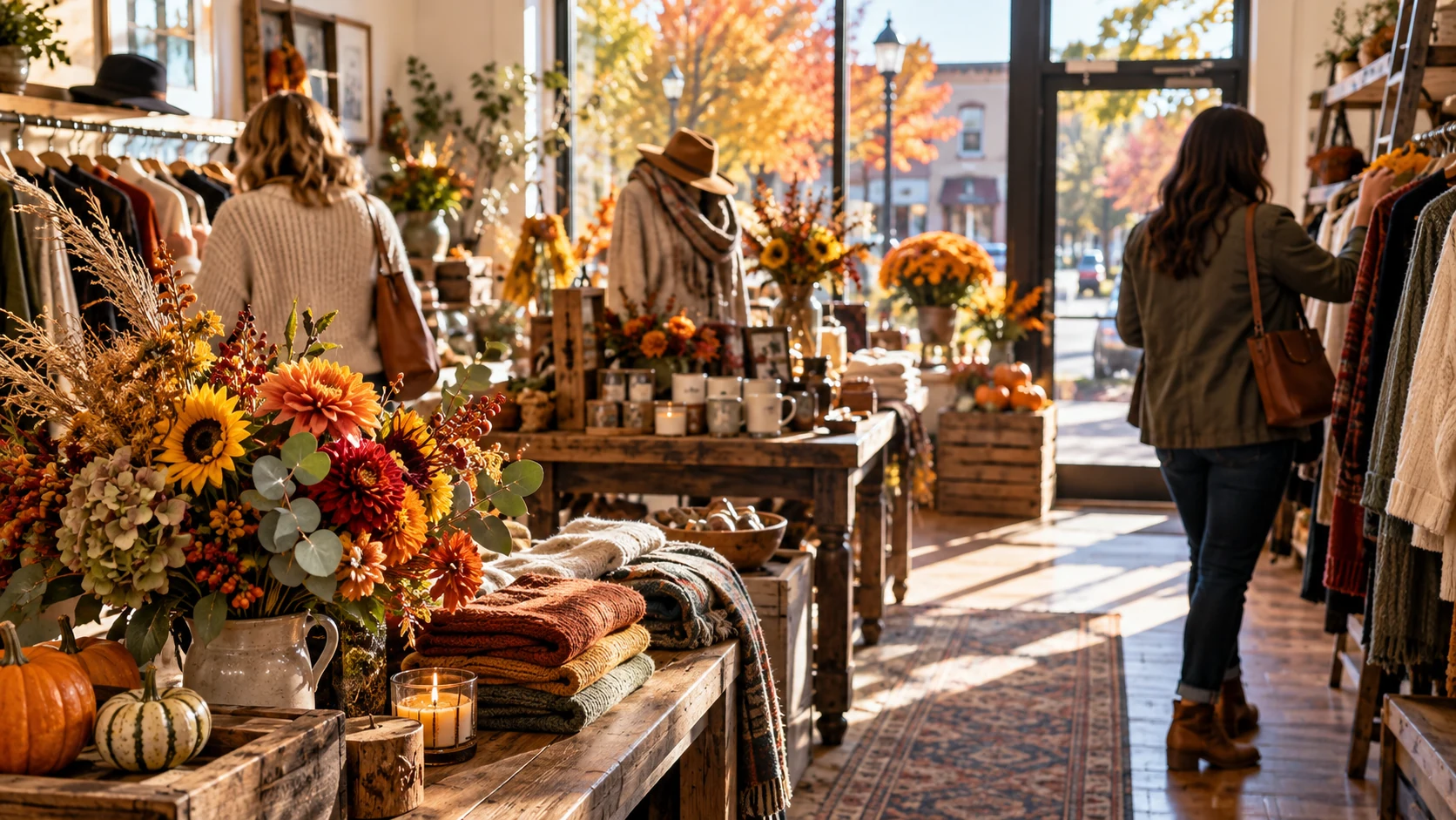 Illustrative independent boutique decorated for a fall anniversary gathering