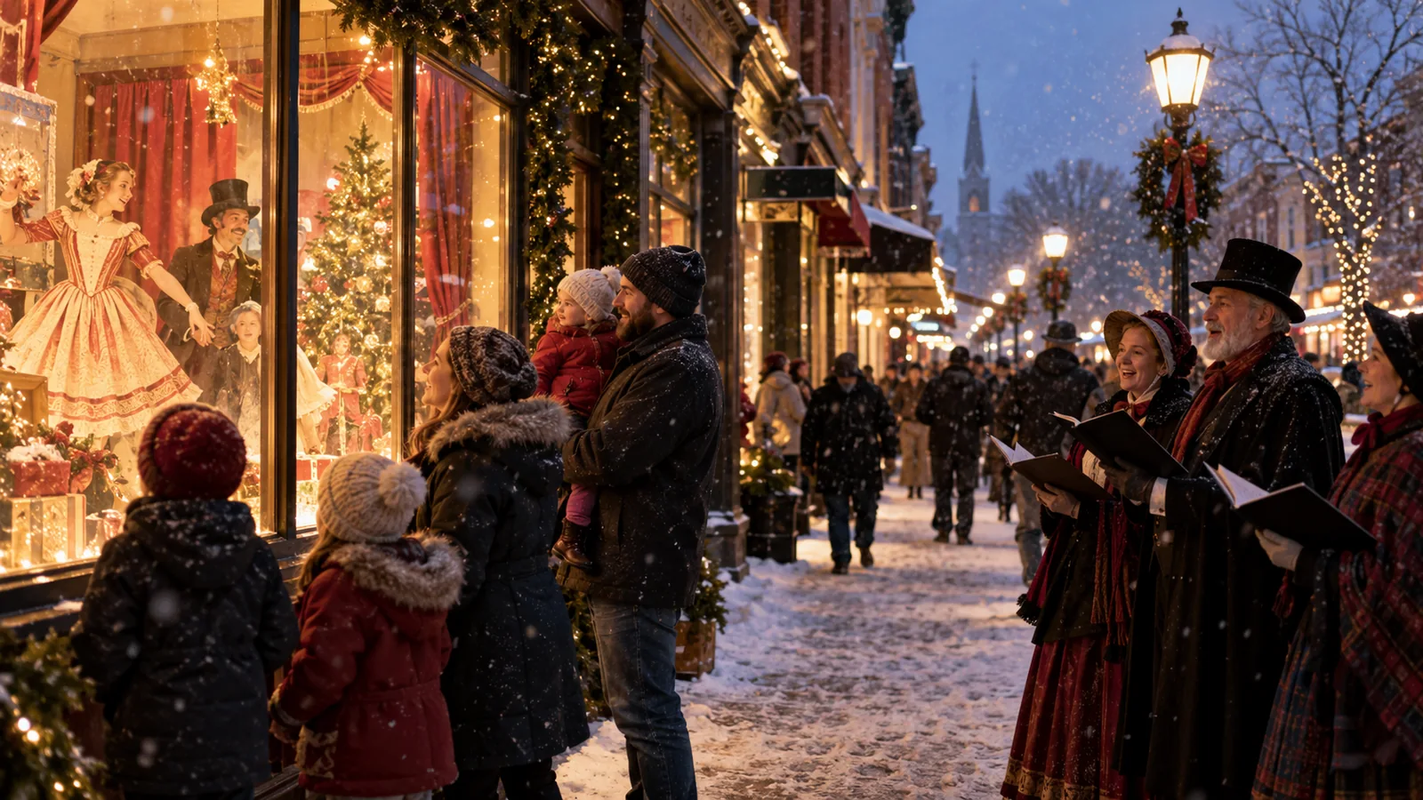 Editorial illustration of holiday shop windows with performers, carolers and families at night; not a photograph of this event