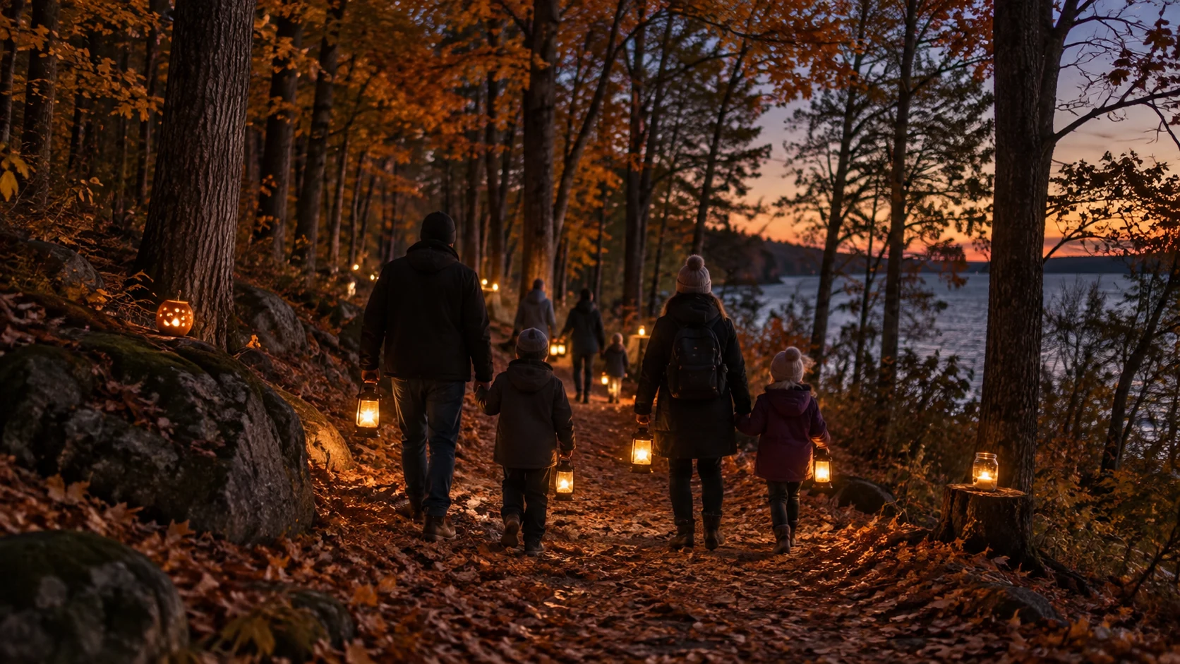 Illustrative lantern-lit woodland trail by a Wisconsin lake at dusk