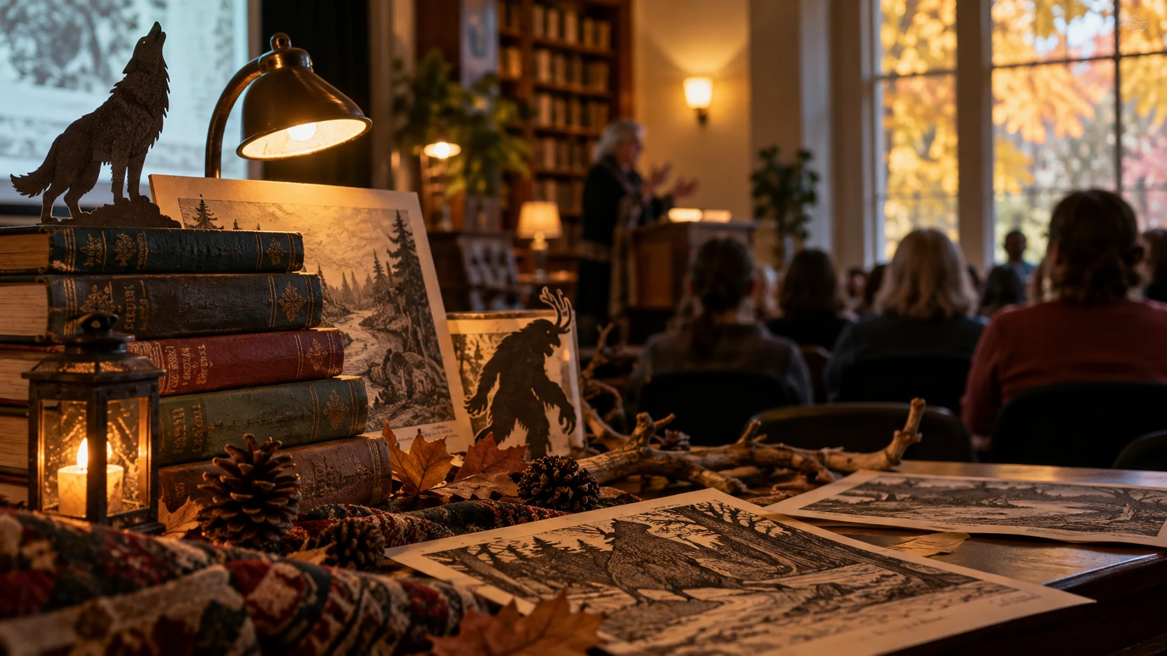 Illustrative folklore books and shadow figures prepared for a library talk