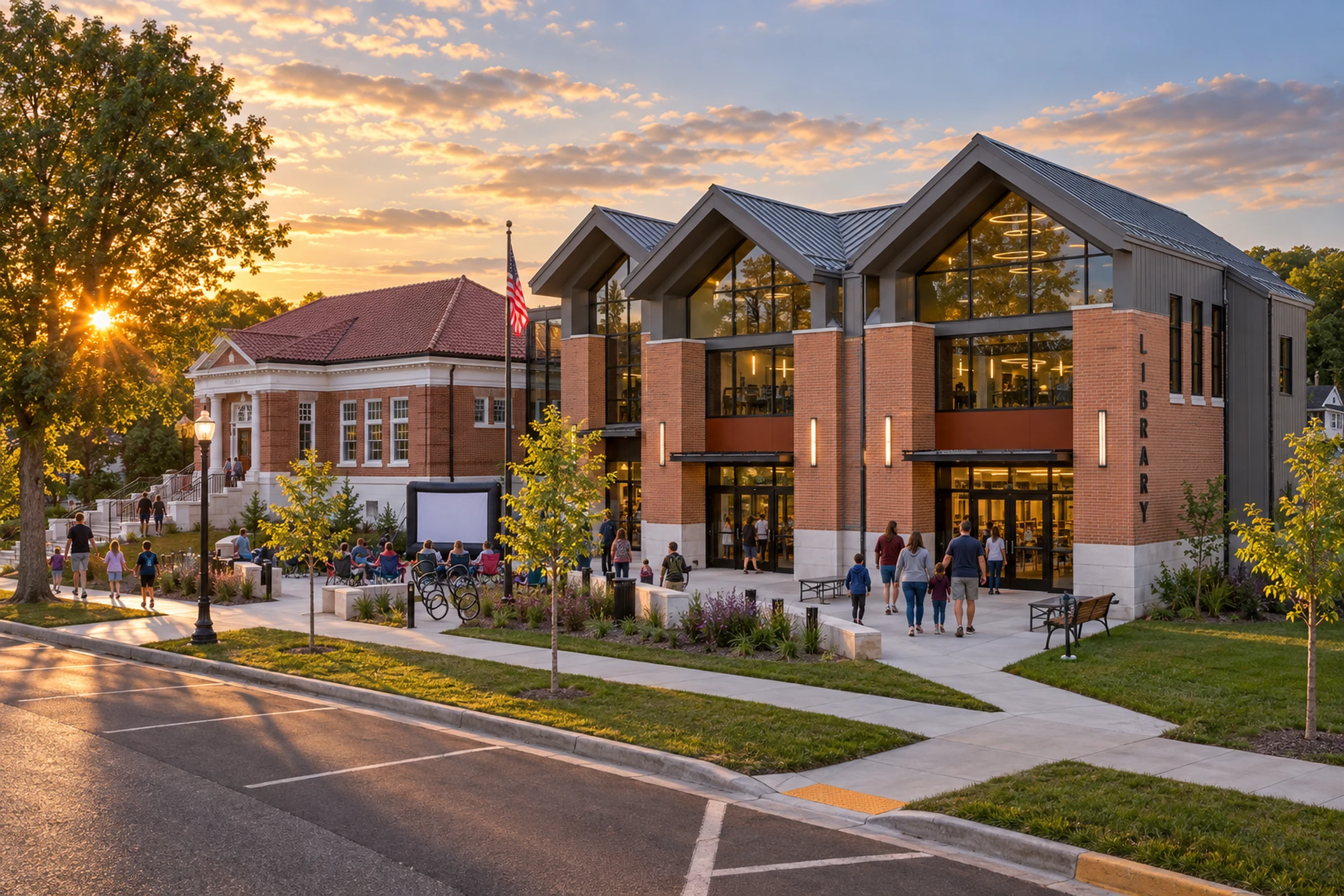Carnegie-Schadde Memorial Public Library in Baraboo at dusk