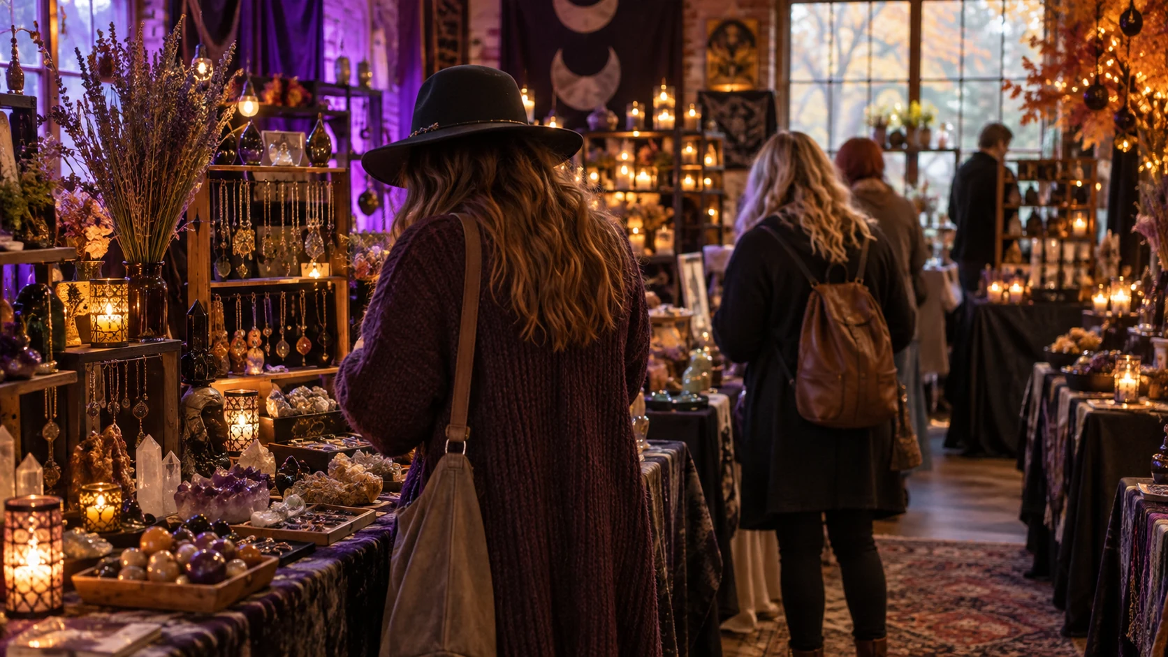 Illustrative evening artisan market with candles and handmade jewelry