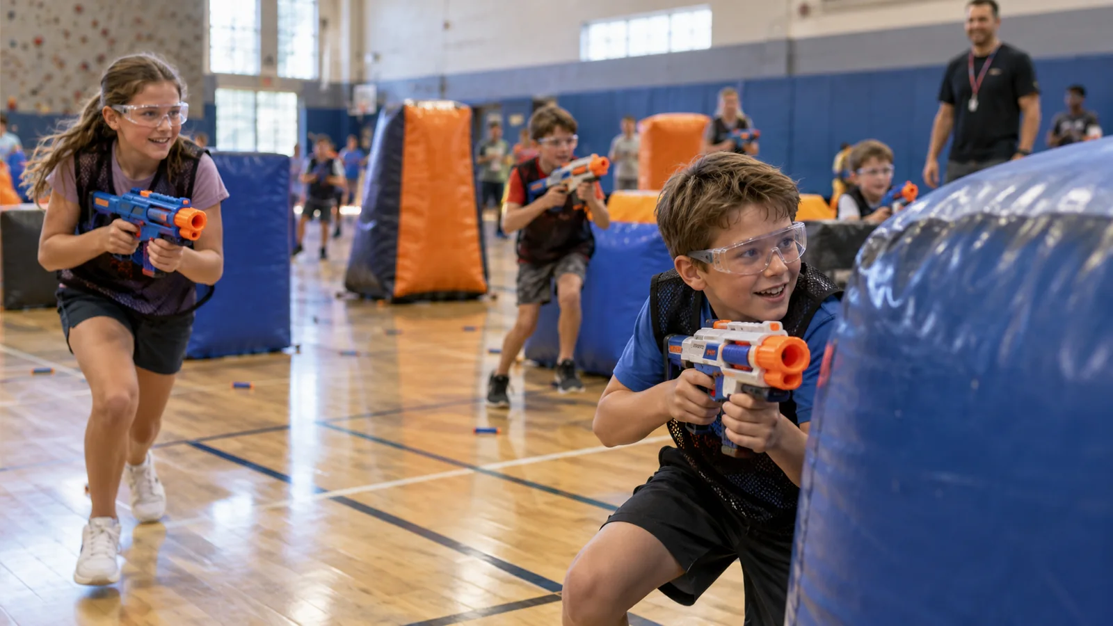 Editorial illustration of children playing a supervised foam-dart game in a gym; not a photograph of this event