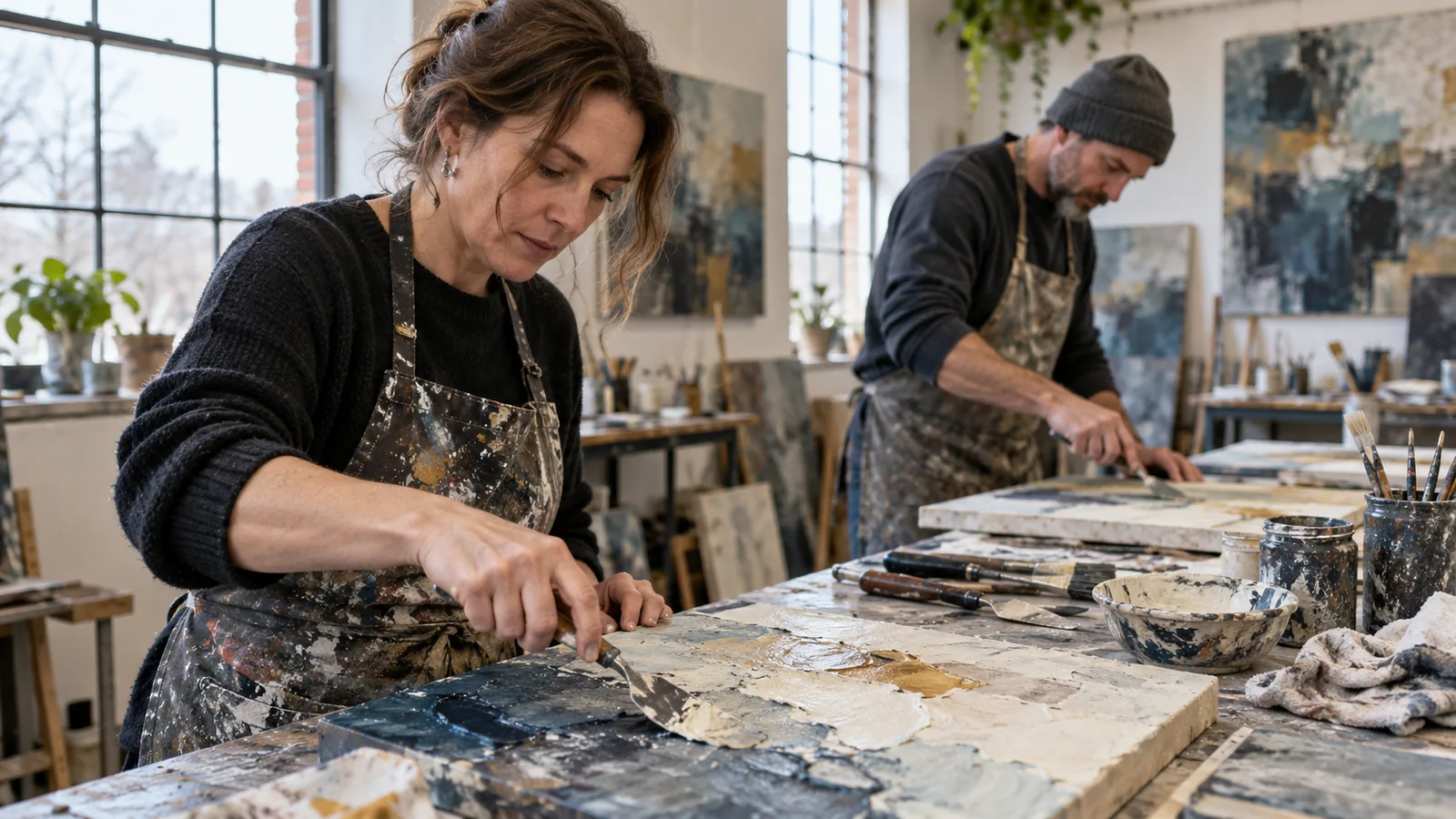 Editorial illustration of artist working with palette knife and textured paint in a studio; not a photograph of this event